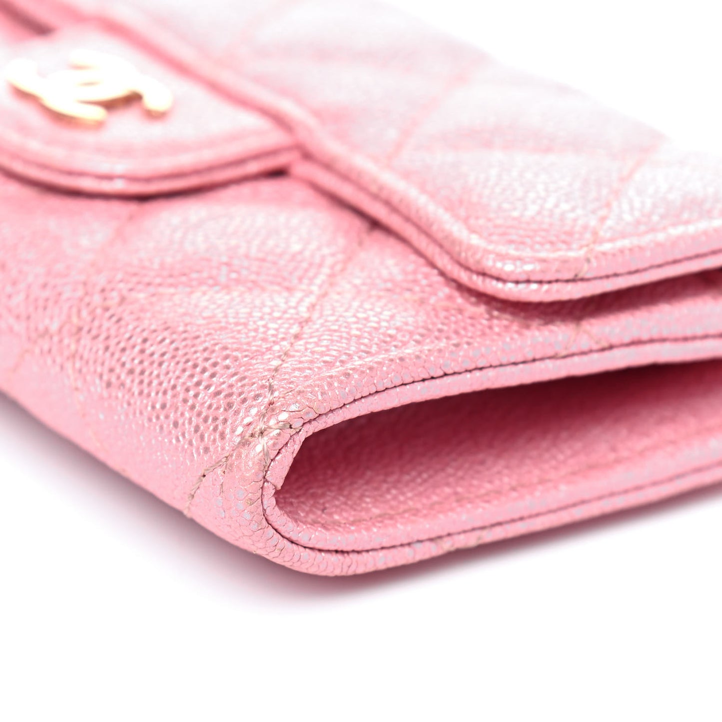 Iridescent Caviar Quilted Flap Card Holder Rose Pink