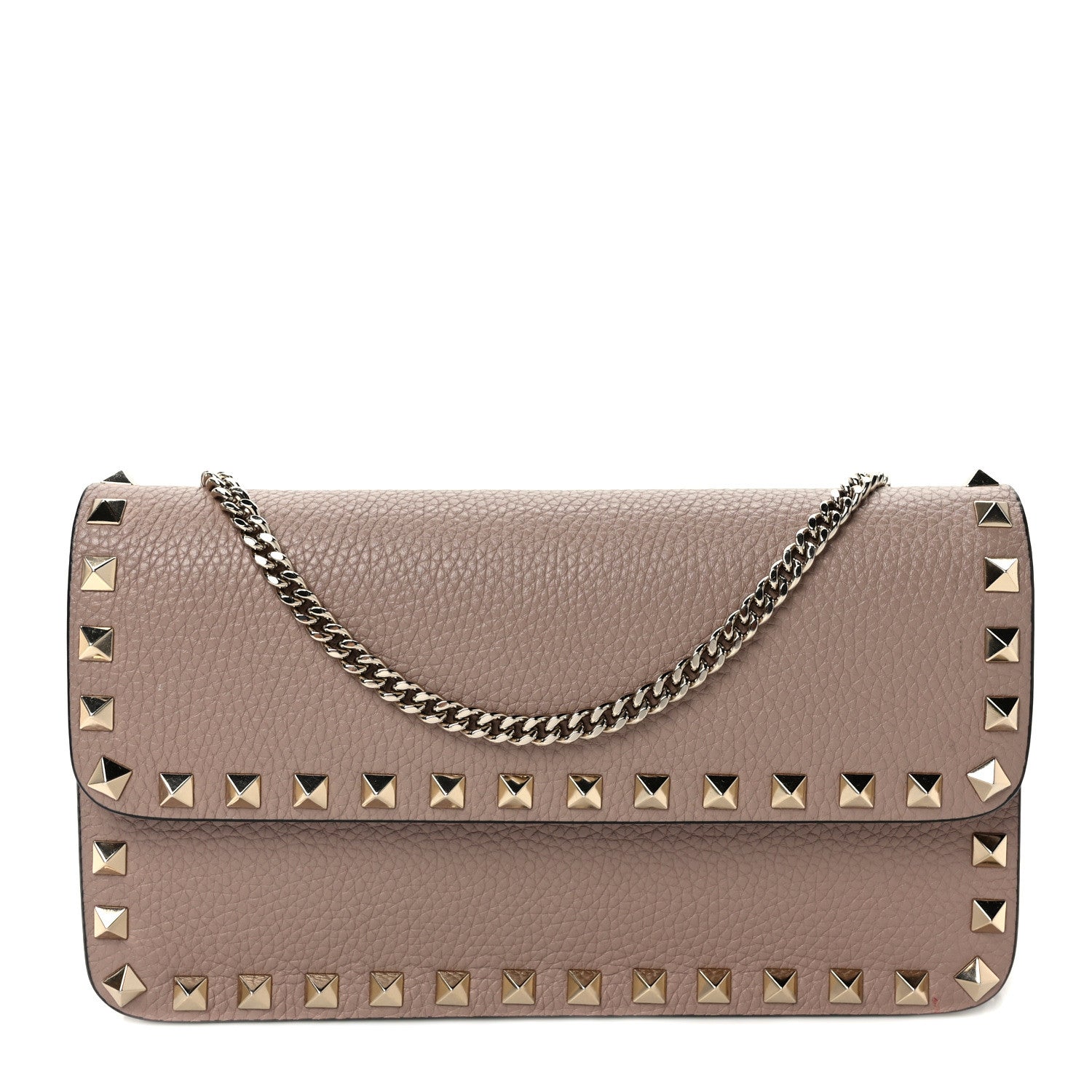 Valentino Garavani Pebbled Calfskin Rockstud Flap Wallet On Chain Poudre 1 of 9
