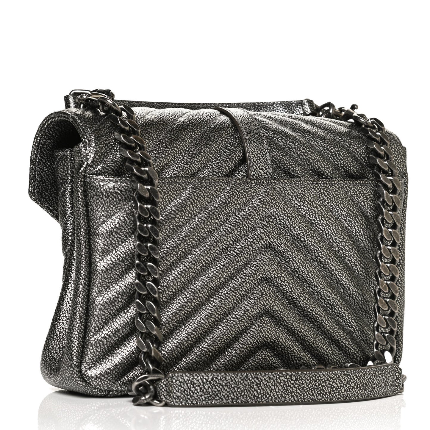 Metallic Grain De Poudre Matelasse Chevron Monogram Medium College Bag Gunmetal