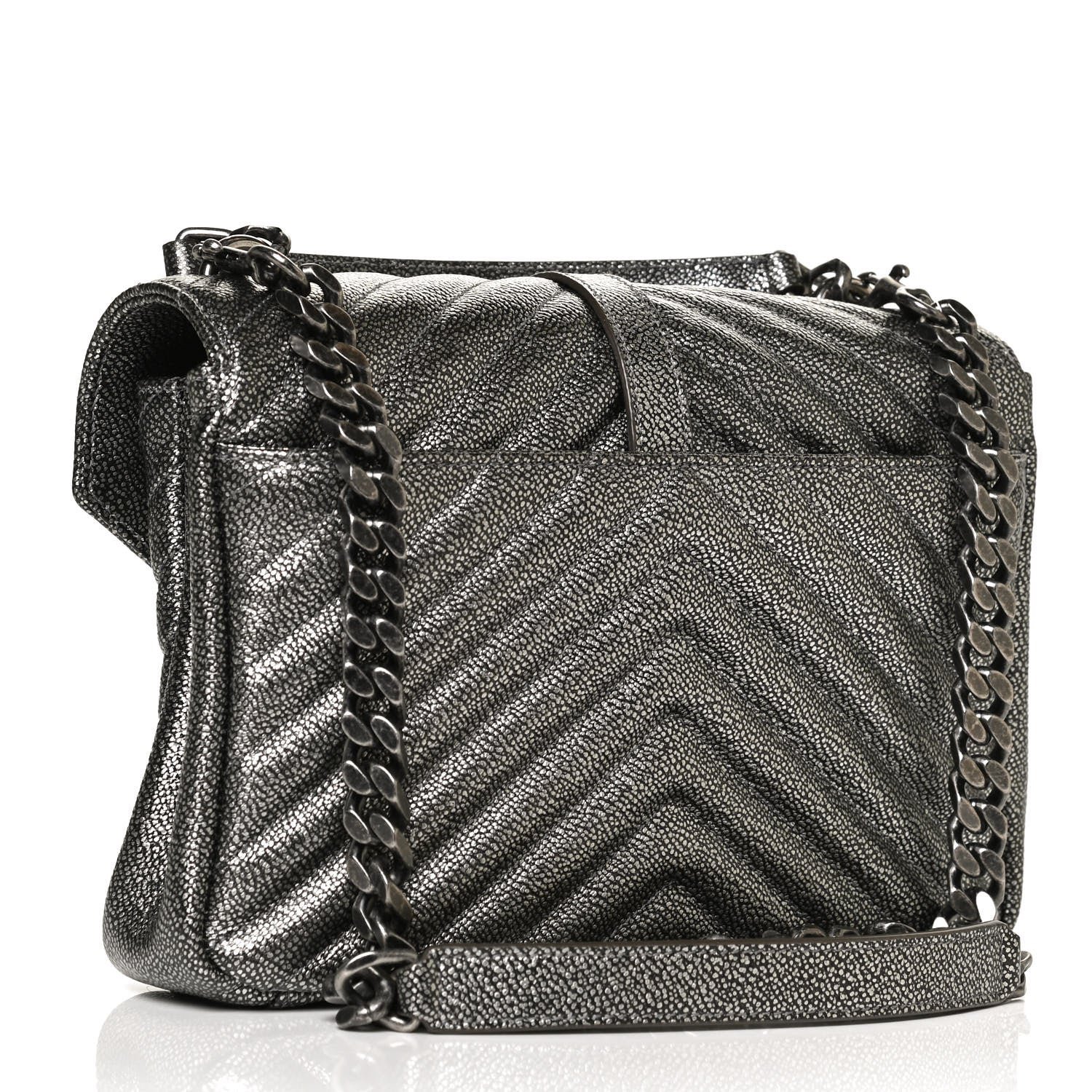 Saint Laurent Metallic Grain De Poudre Matelasse Chevron Monogram Medium College Bag Gunmetal 3 of 12