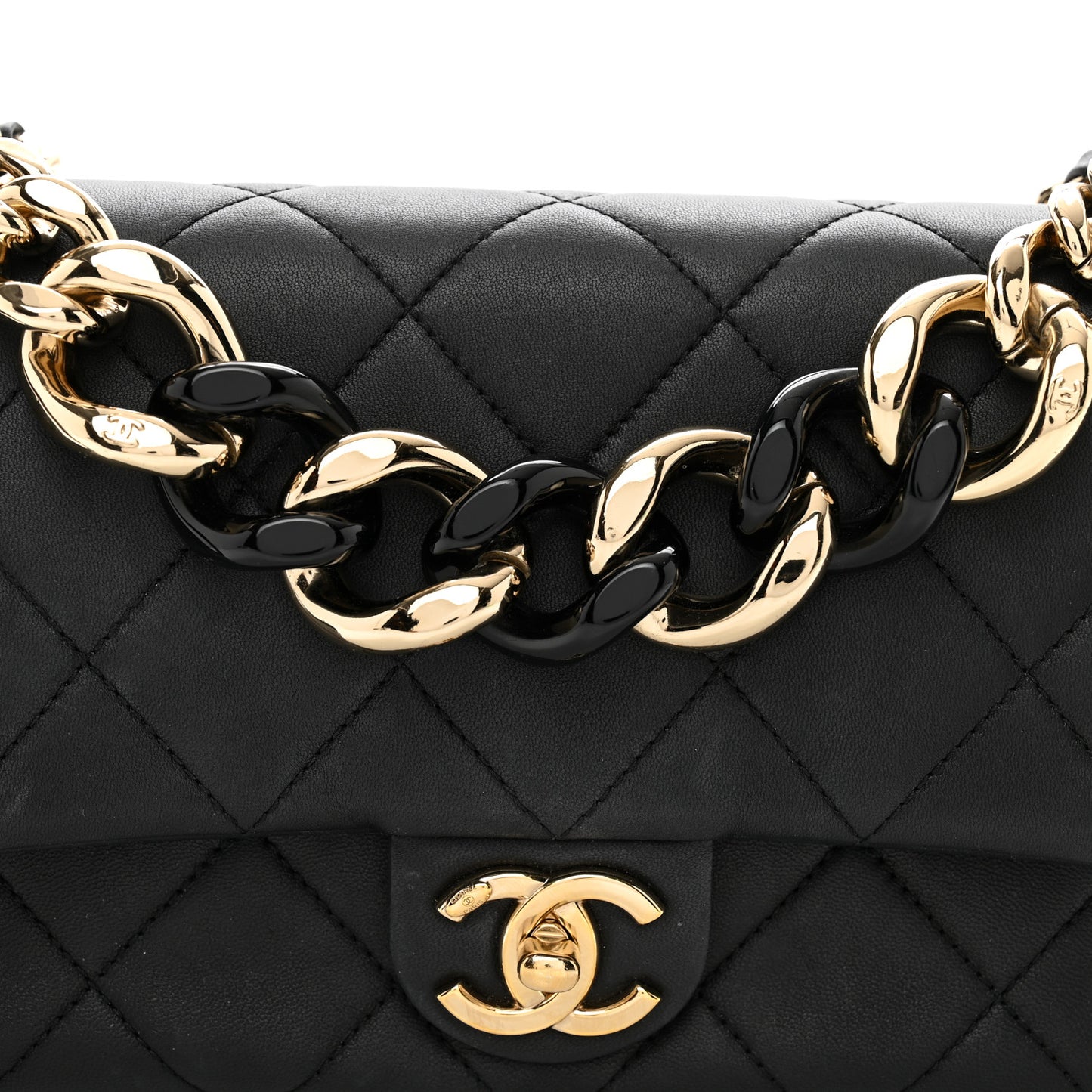 Lambskin Quilted Resin Bi-Color Chain Flap Bag Black