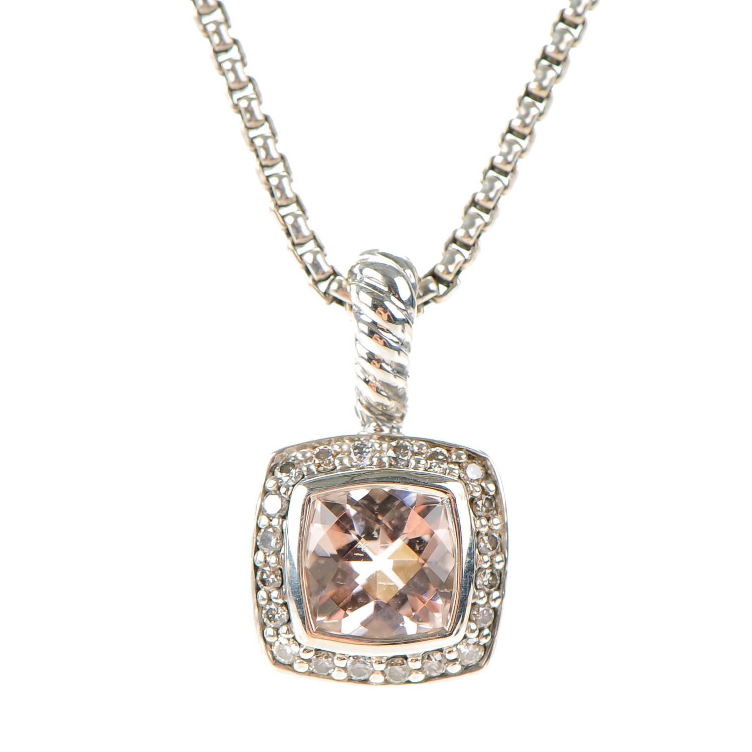 David Yurman Sterling Silver Diamond Morganite 7mm Petite Albion Pendant Necklace 3 of 5