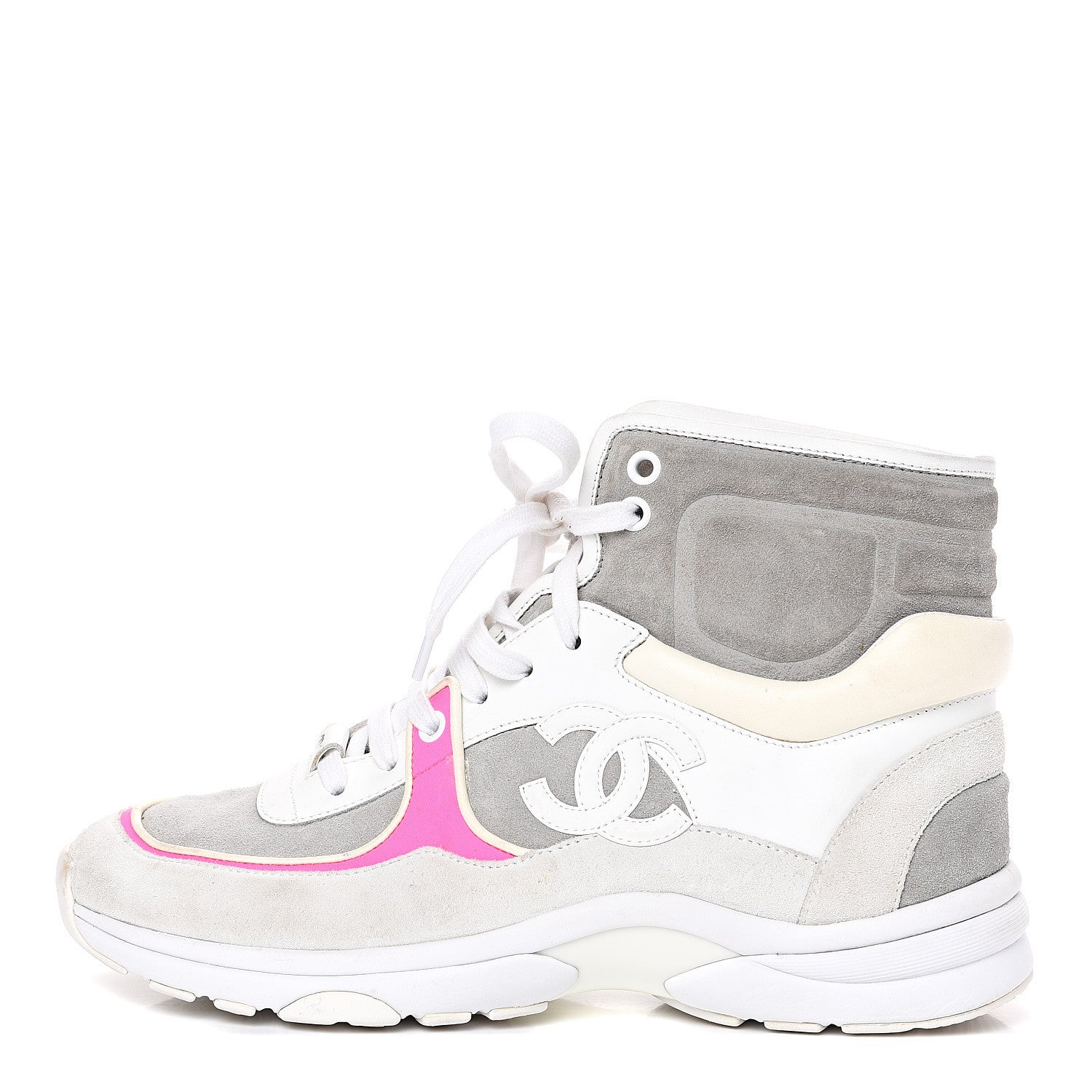 Chanel Suede Calfskin Lambskin Neoprene High Top CC Sneakers 39 White Grey Fluo Pink 1 of 11
