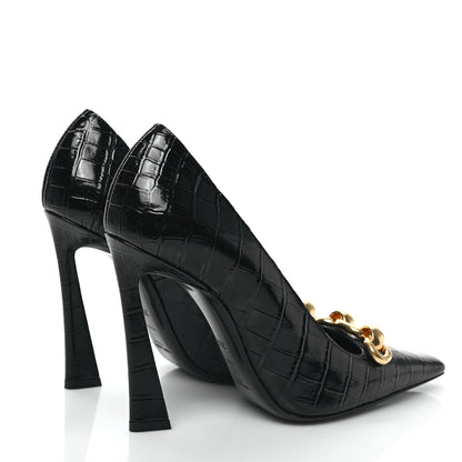 Saint Laurent Calfskin Crocodile Embossed Silvana 110mm Pumps 35.5 Black 4 of 8