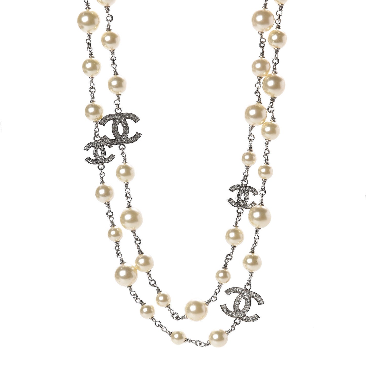 Graduated Pearl Crystal CC Long Necklace Silver