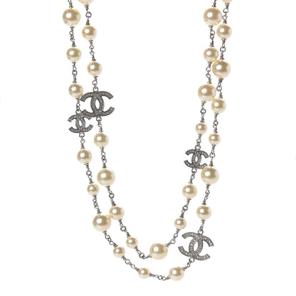 Chanel Graduated Pearl Crystal CC Long Necklace Silver 1 of 8