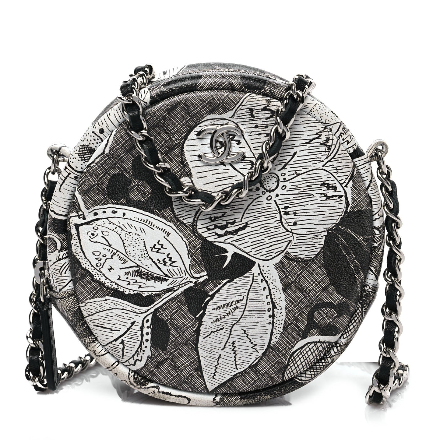 Calfskin Floral Print Round Clutch With Chain Black White
