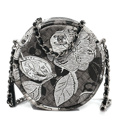 Chanel Calfskin Floral Print Round Clutch With Chain Black White 1 of 7