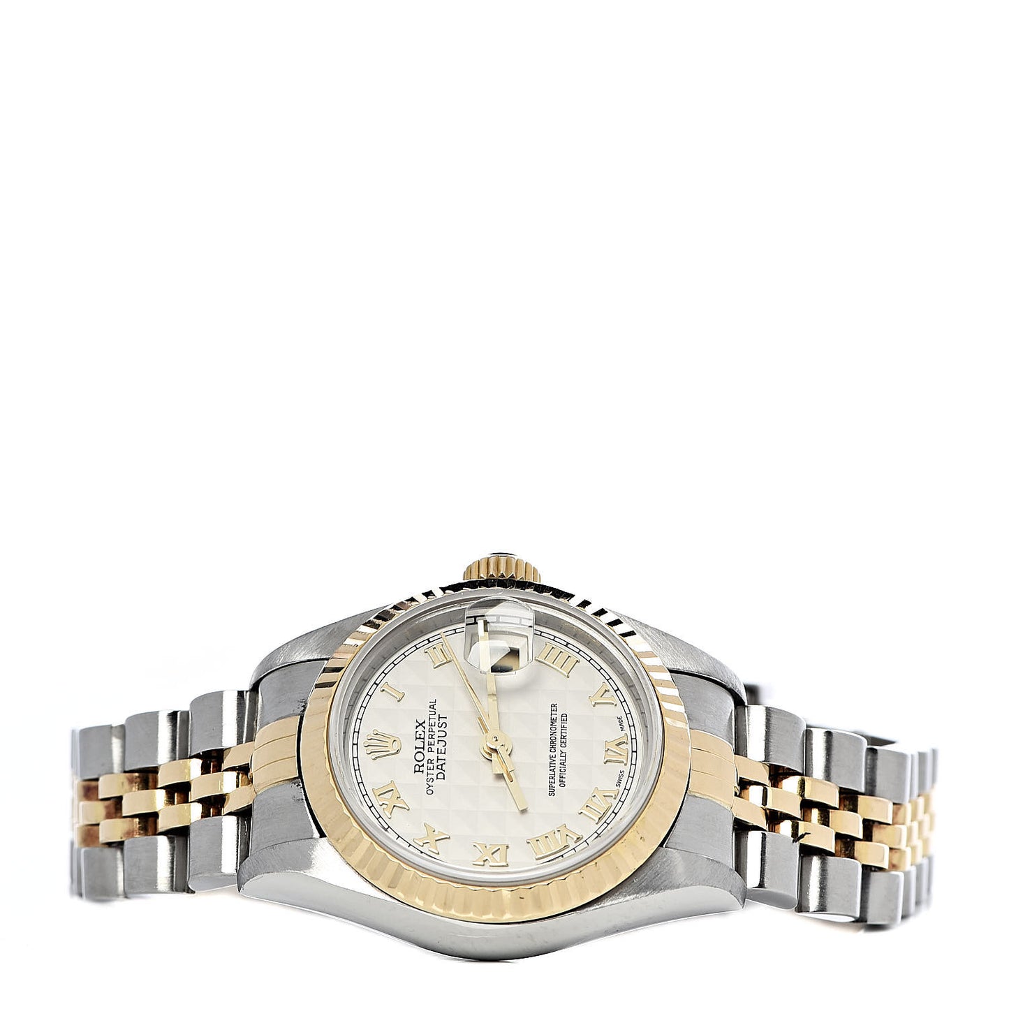 Stainless Steel 18K Yellow Gold 26mm Oyster Perpetual Datejust Watch White Pyramid Roman 79173