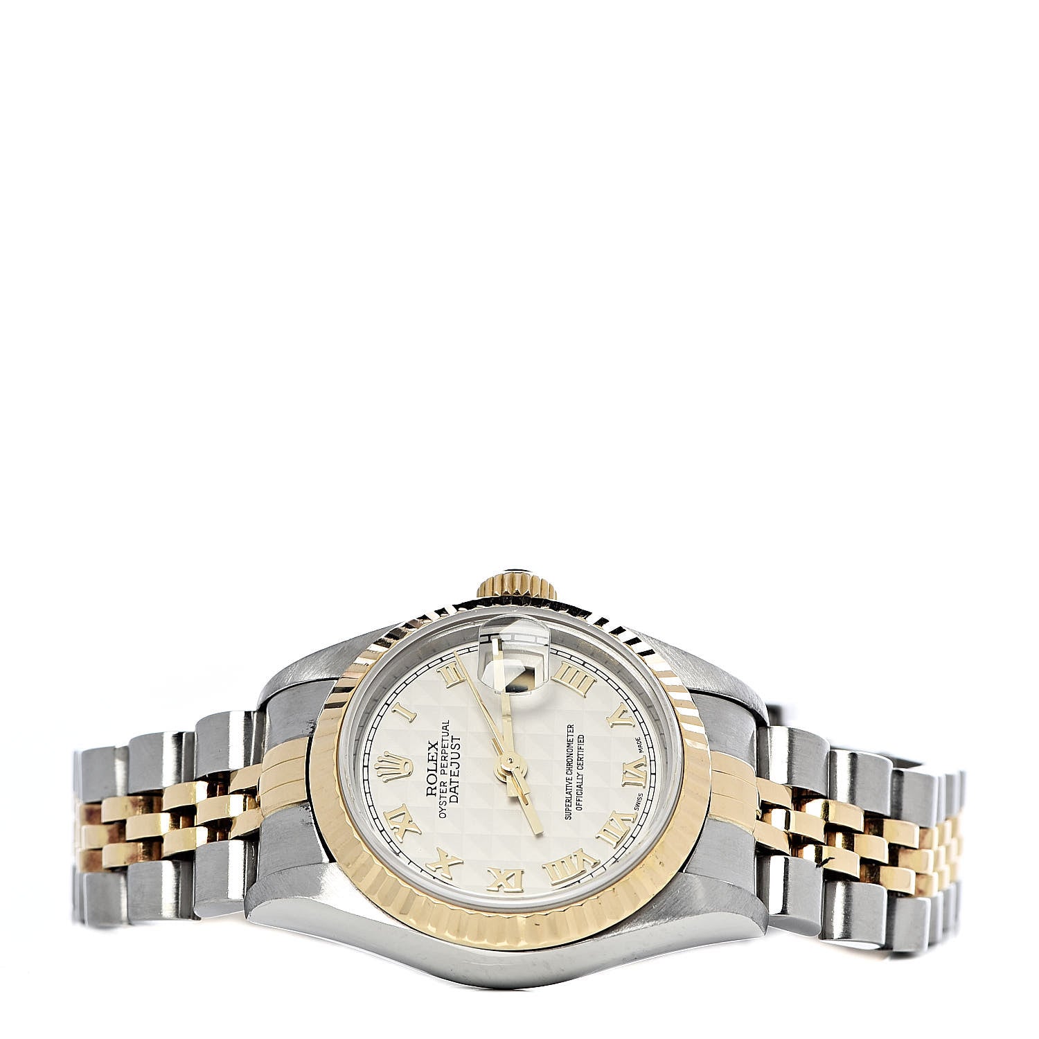 Rolex Stainless Steel 18K Yellow Gold 26mm Oyster Perpetual Datejust Watch White Pyramid Roman 79173 3 of 7