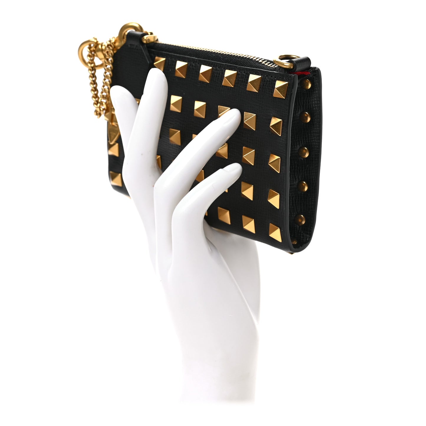 Grainy Calfskin Rockstud Allover Alcove Coin Case Card Holder Black