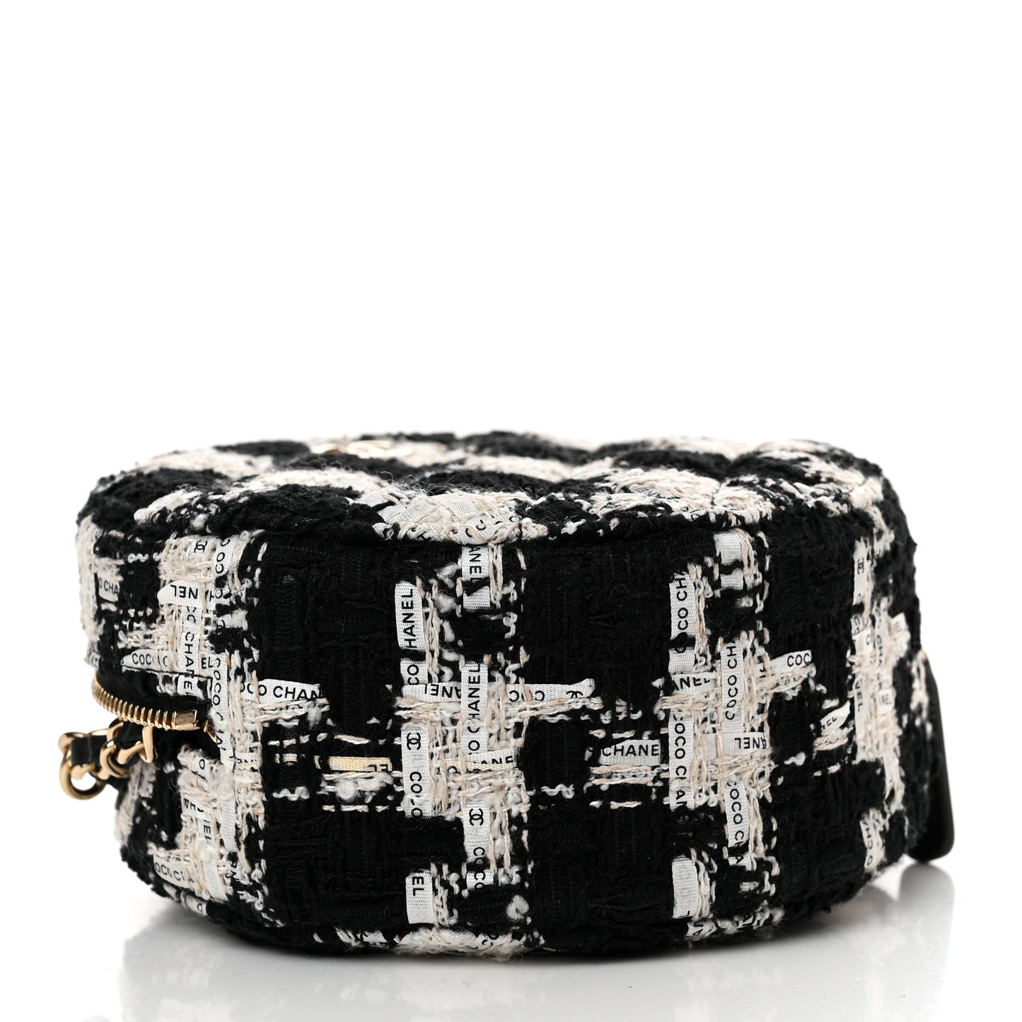 Tweed Quilted Round Clutch With Chain Black Ecru White