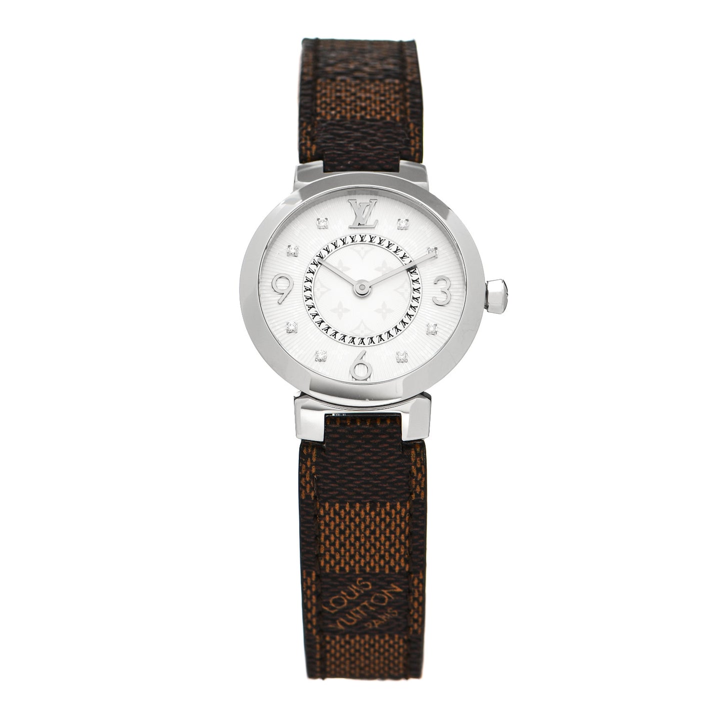Stainless Steel Damier Diamond 28mm Tambour Slim Quartz Watch