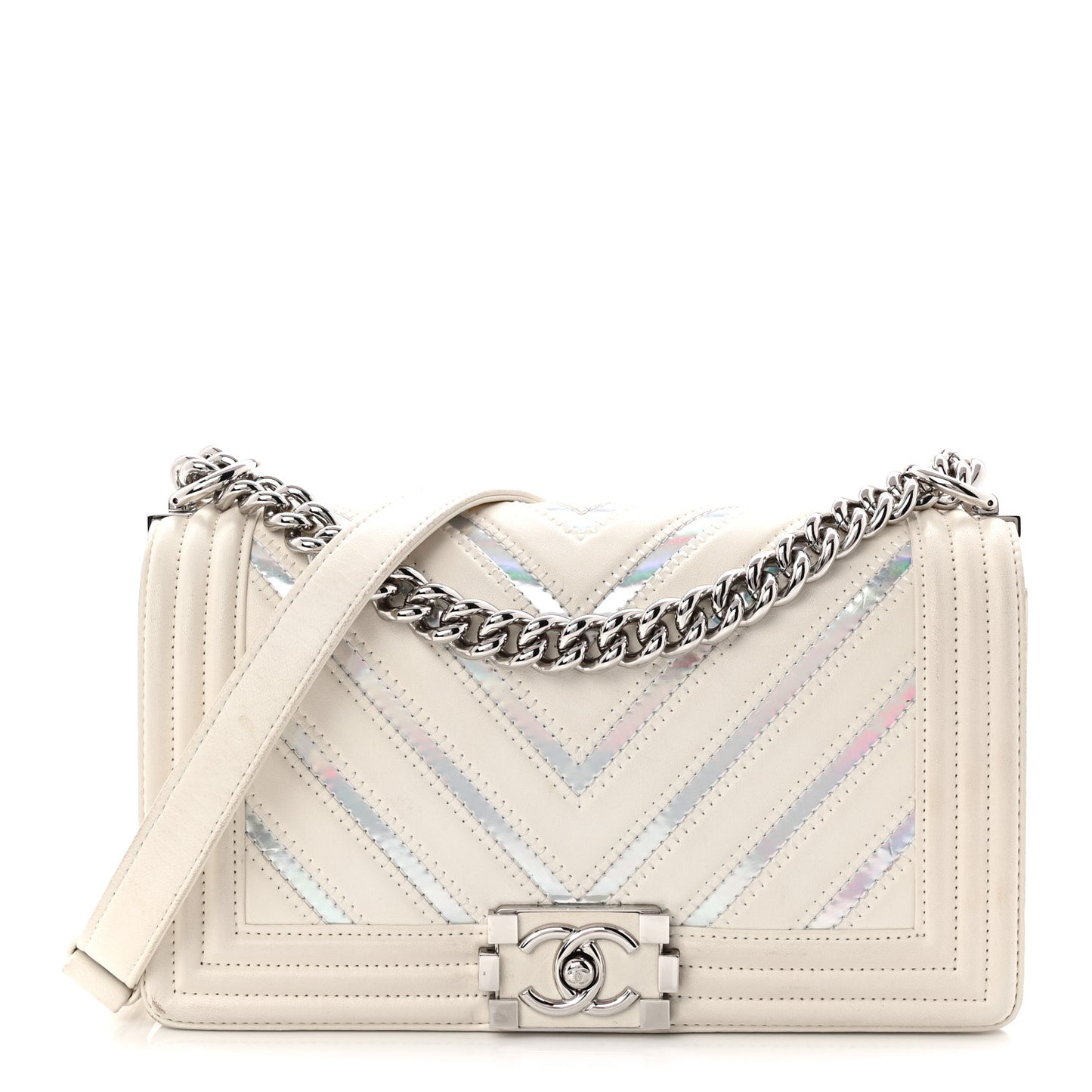 Lambskin Iridescent PVC Chevron Quilted Medium Boy Flap White Silver