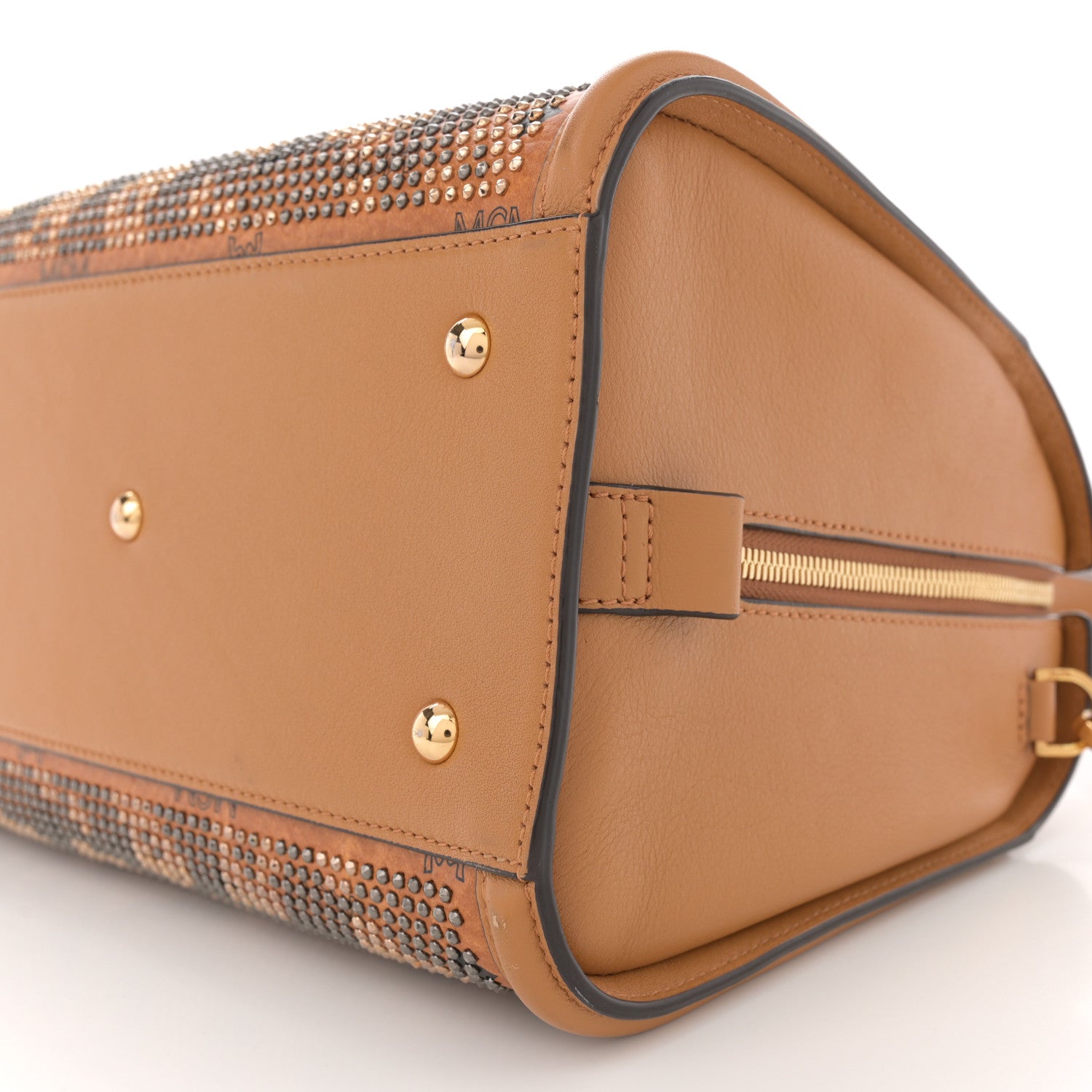 MCM Visetos Calfskin Studded Boston Bag Cognac 10 of 11