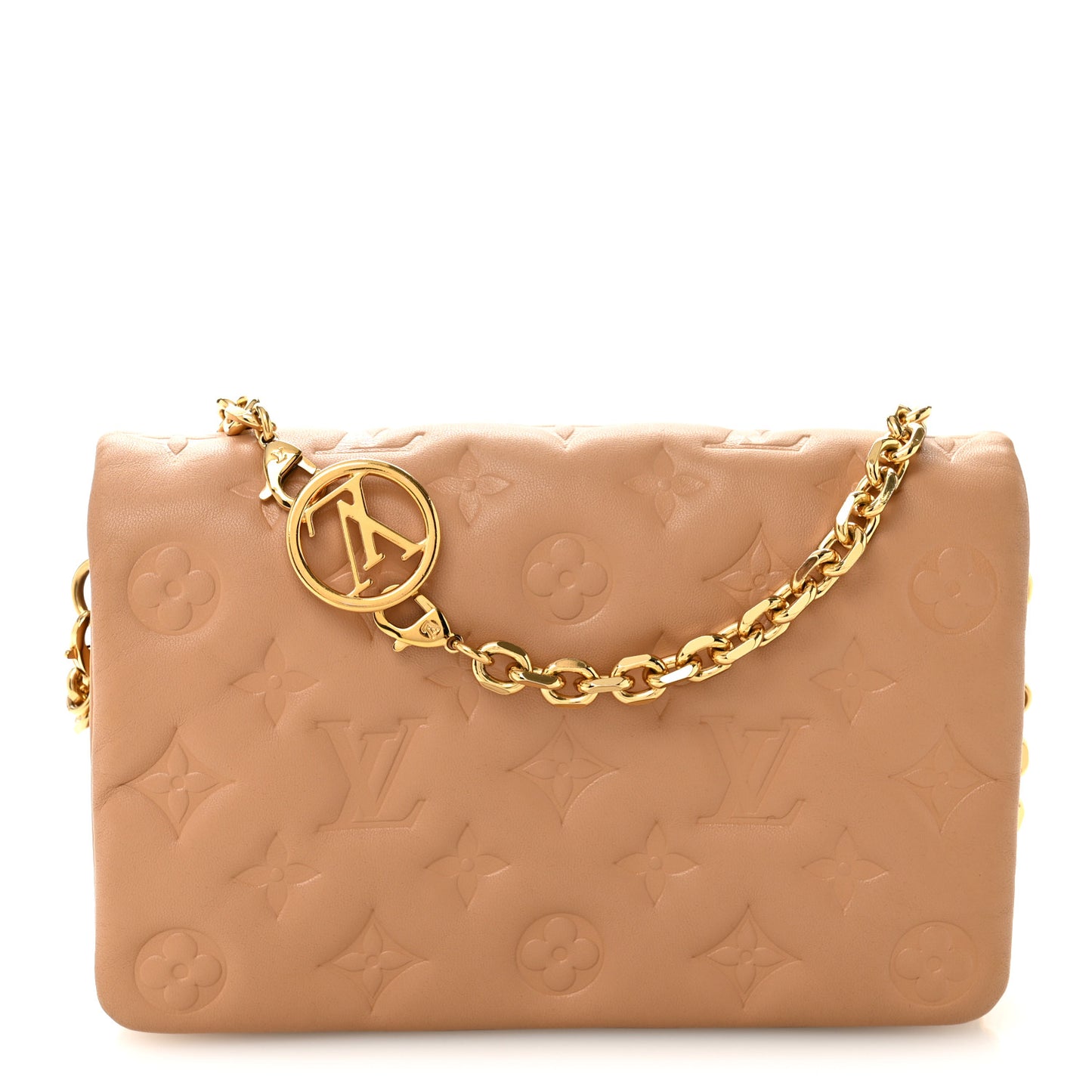 Lambskin Embossed Monogram Pochette Coussin Camel