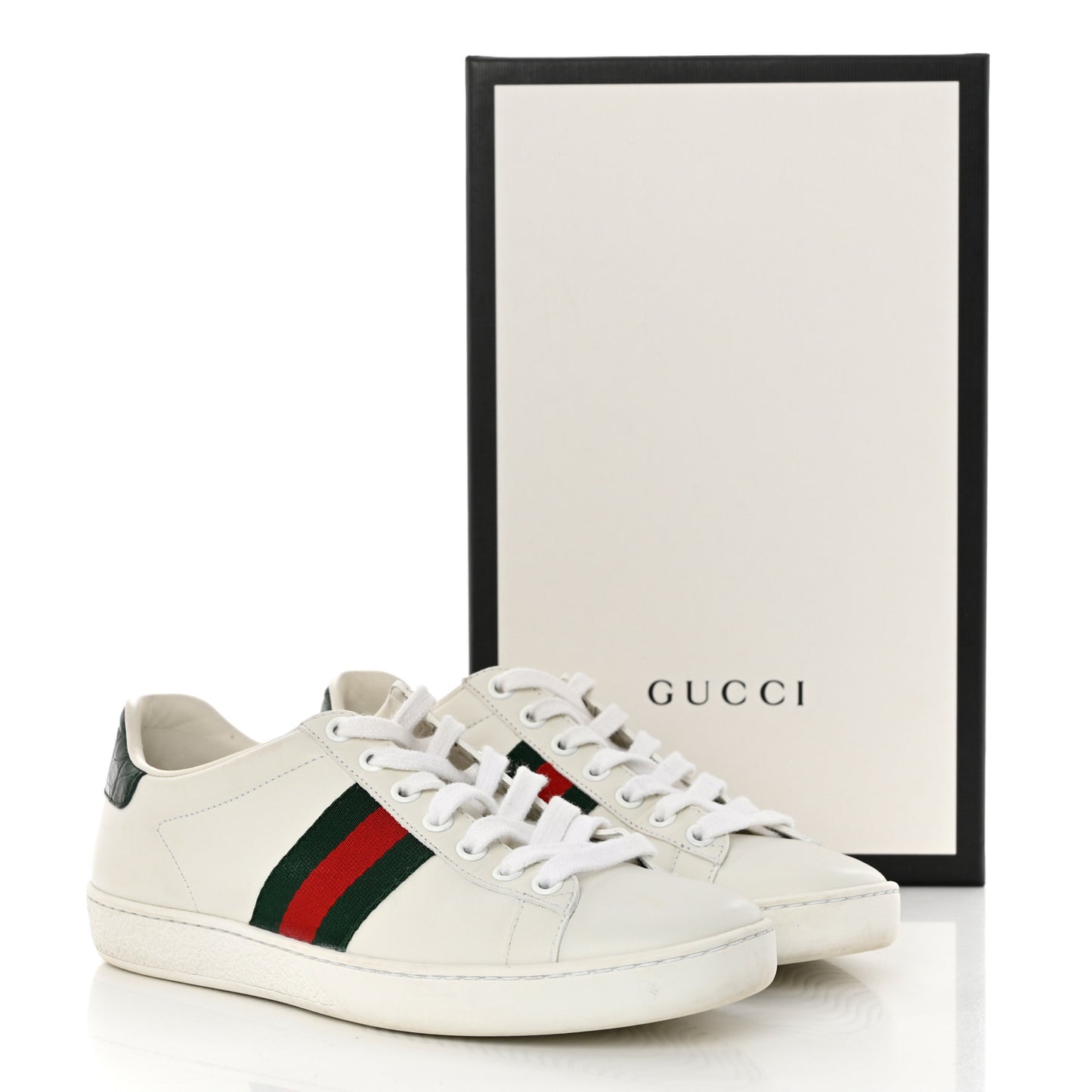 Calfskin Crocodile Web Womens Ace Sneakers 36 White Green