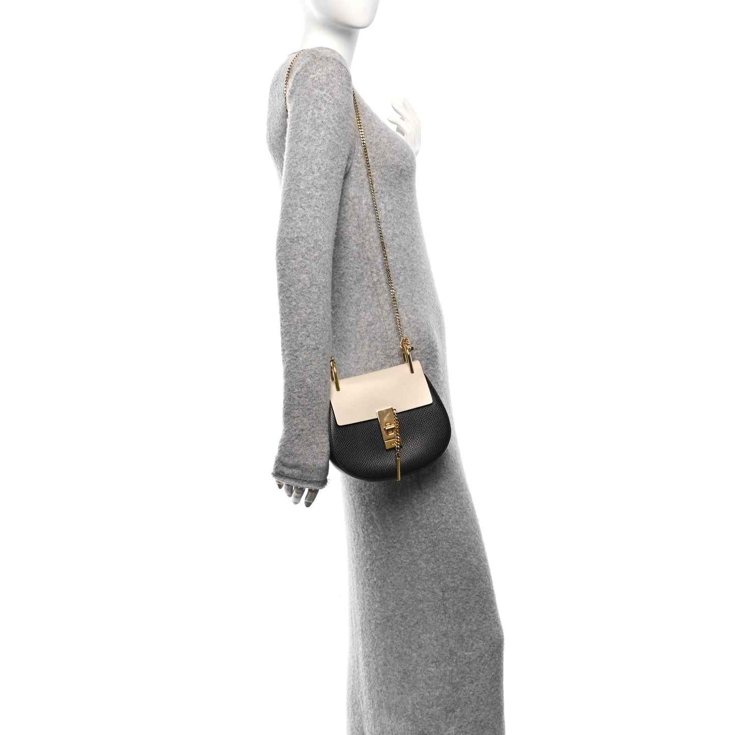Grained Calfskin Lambskin Mini Bi-Color Drew Shoulder Bag Black Powder Beige