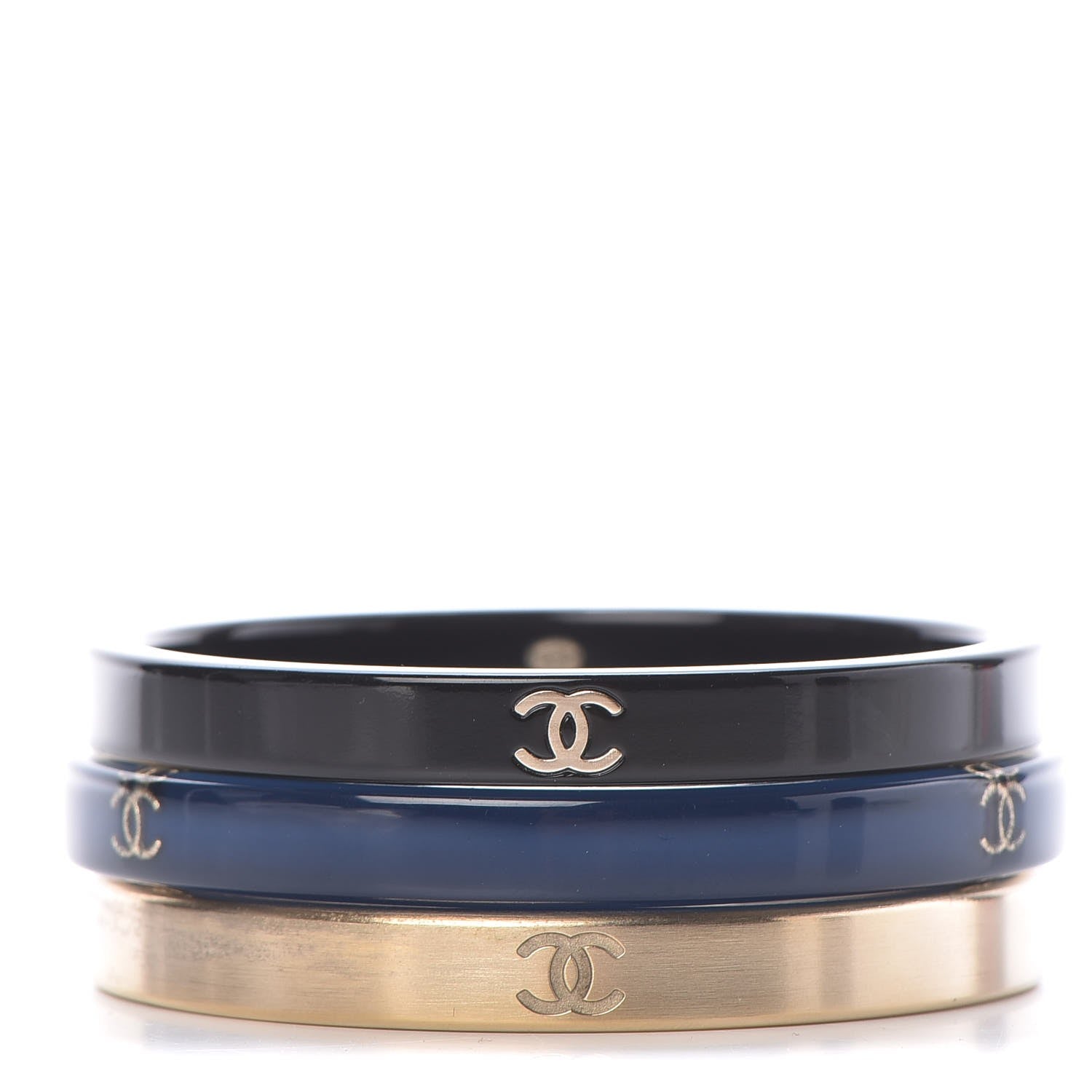 Chanel Resin Metal CC Bangle Bracelet Set of 3 Black Navy Gold 1 of 5