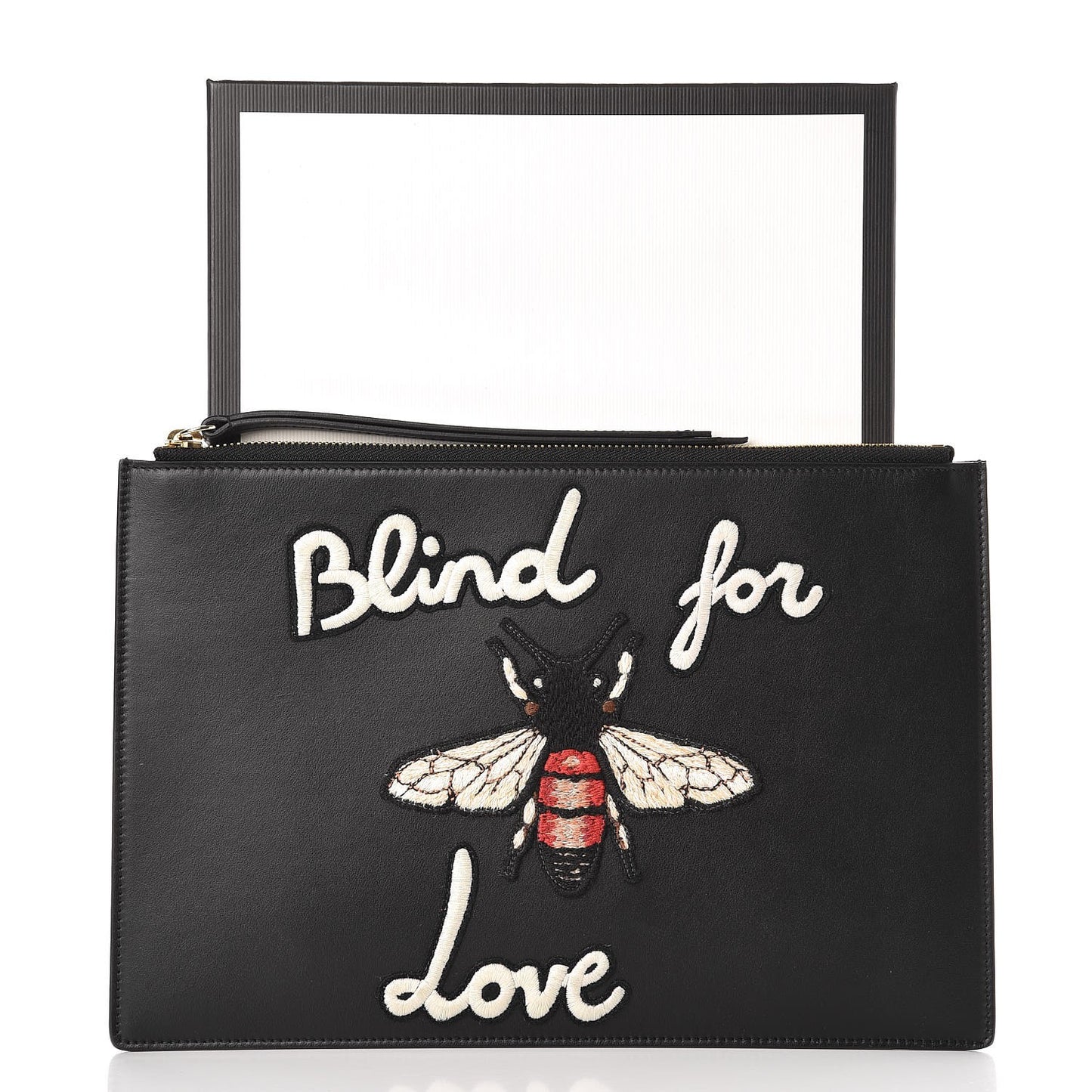 Calfskin Blind For Love Embroidered Large Zip Pouch Black