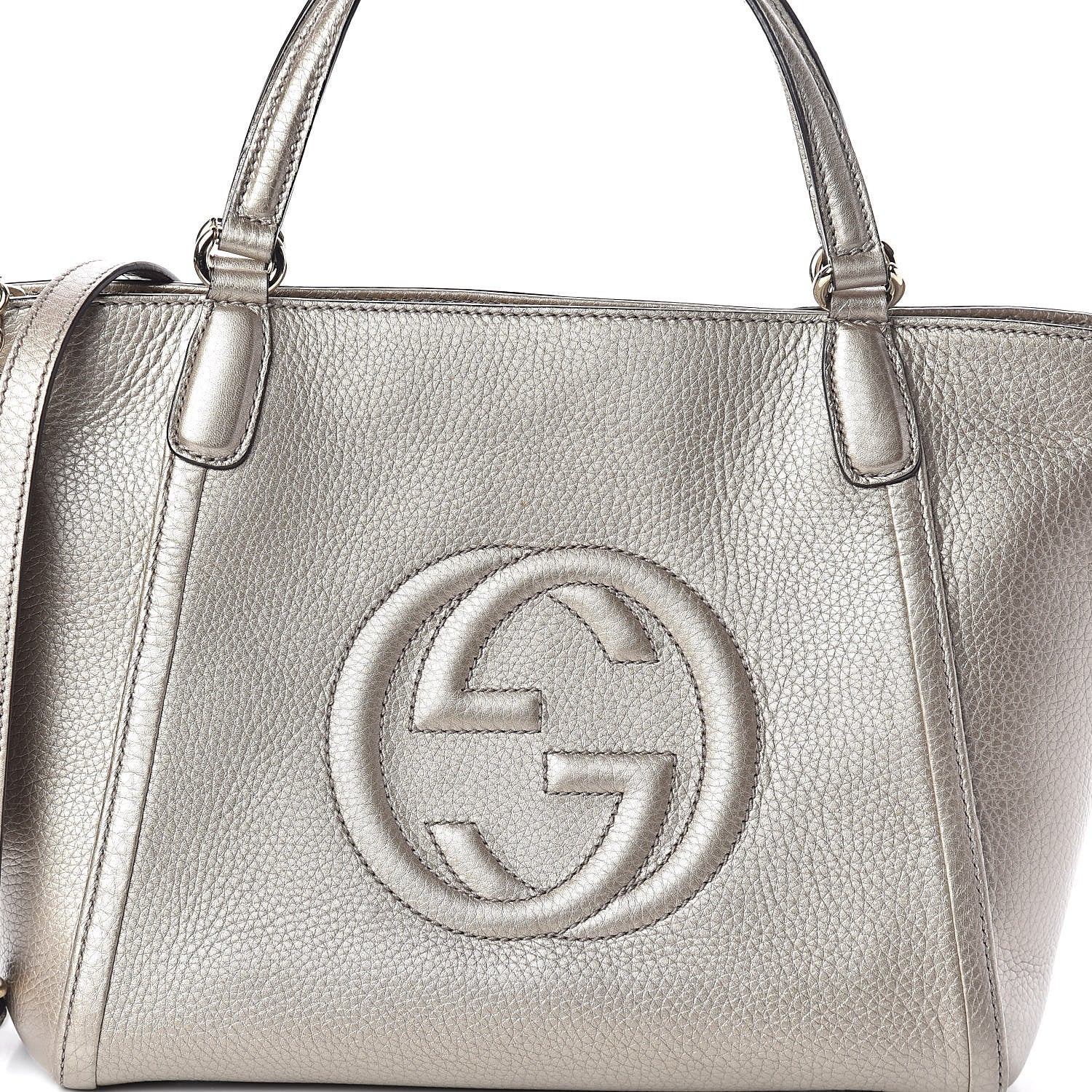 Gucci Metallic Pebbled Calfskin Small Soho Top Handle Bag Golden Beige 7 of 9
