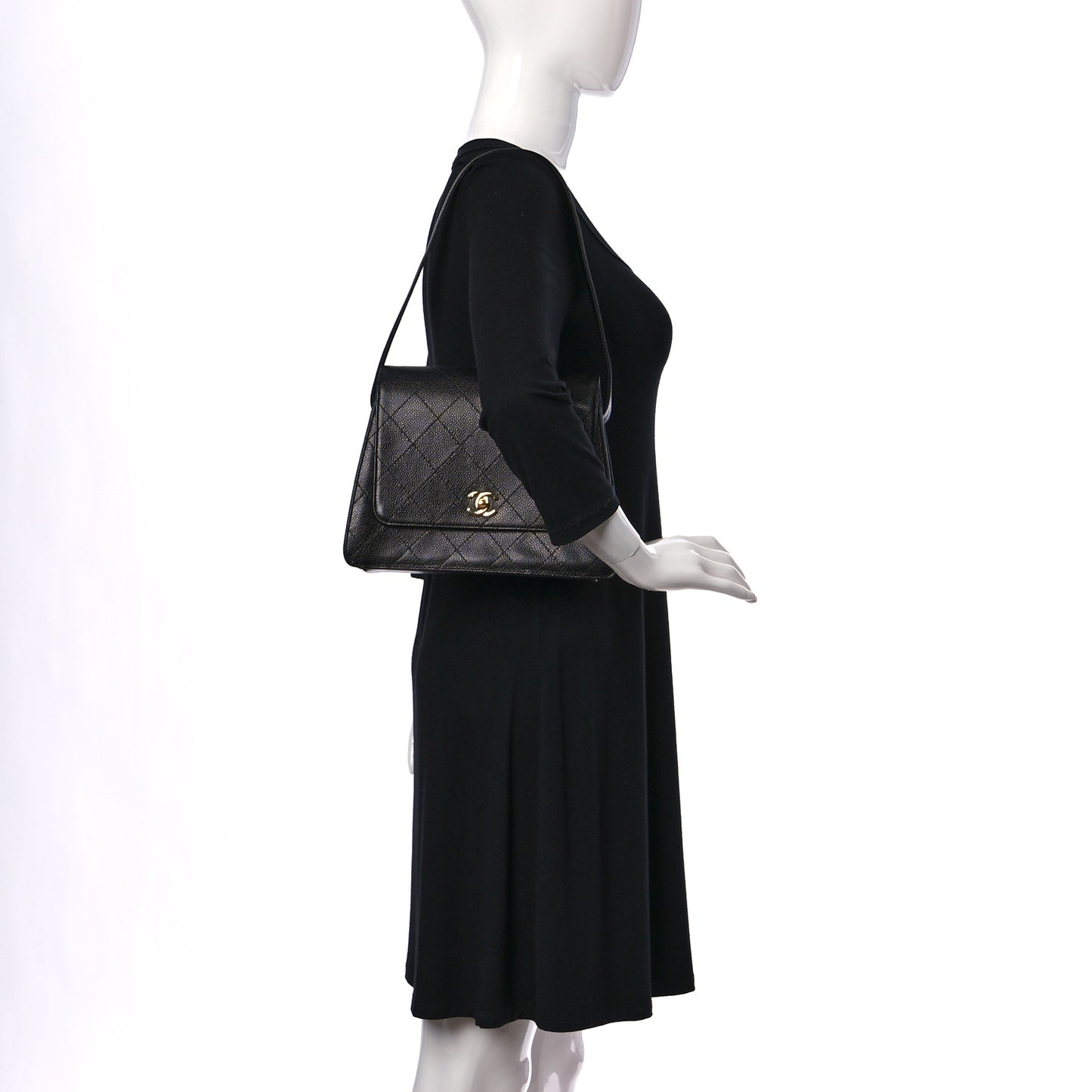 Caviar Stitched Shoulder Flap Bag Black