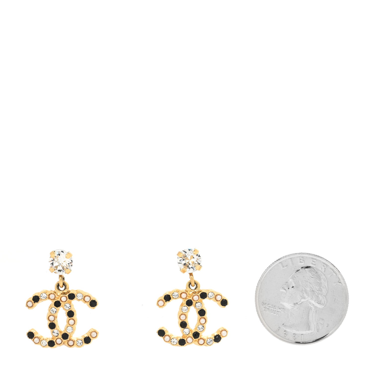Chanel Resin Crystal Pearl CC Drop Earrings Gold Black 2 of 4
