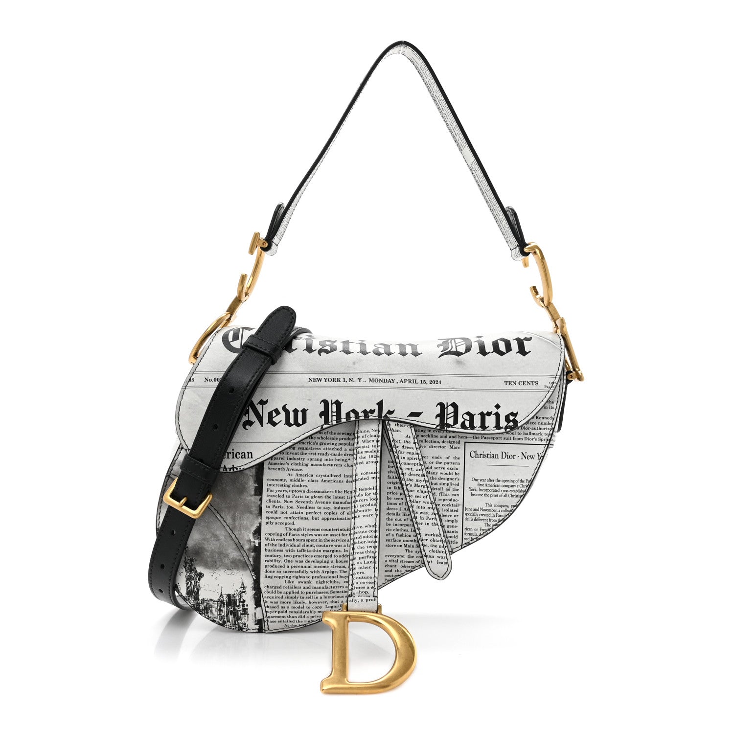 Christian Dior Calfskin Newspaper Printed Saddle Bag With Strap Black White 1 of 11