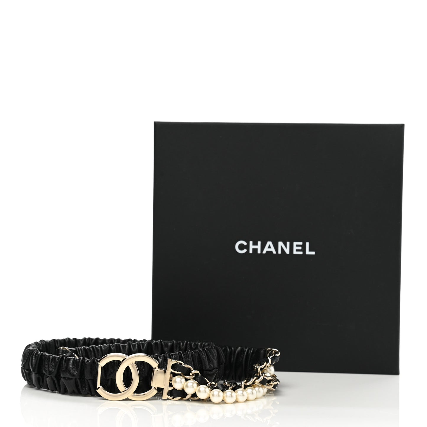Lambskin CC Pearl Chain Belt 80 32 Black
