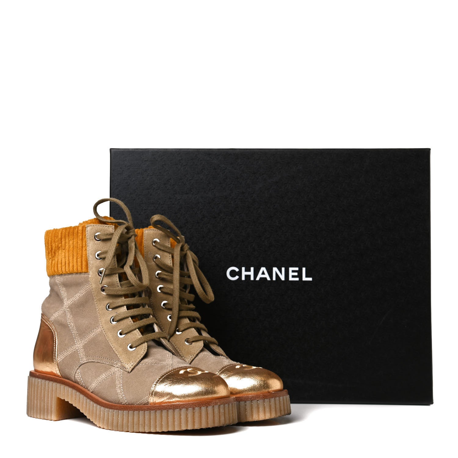 Chanel Suede Calfskin Velvet Quilted CC Combat Boots 37 Beige Yellow Gold 11 of 11