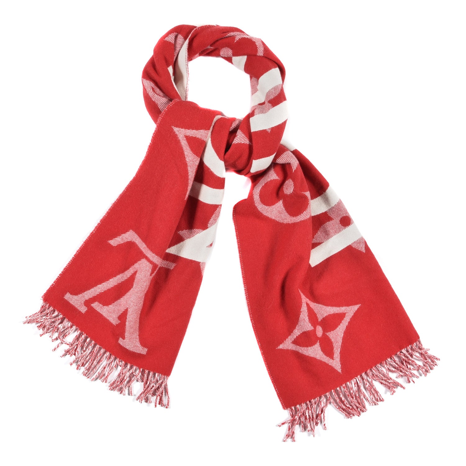 Louis Vuitton Cashmere Monogram Scarf Red White 1 of 3