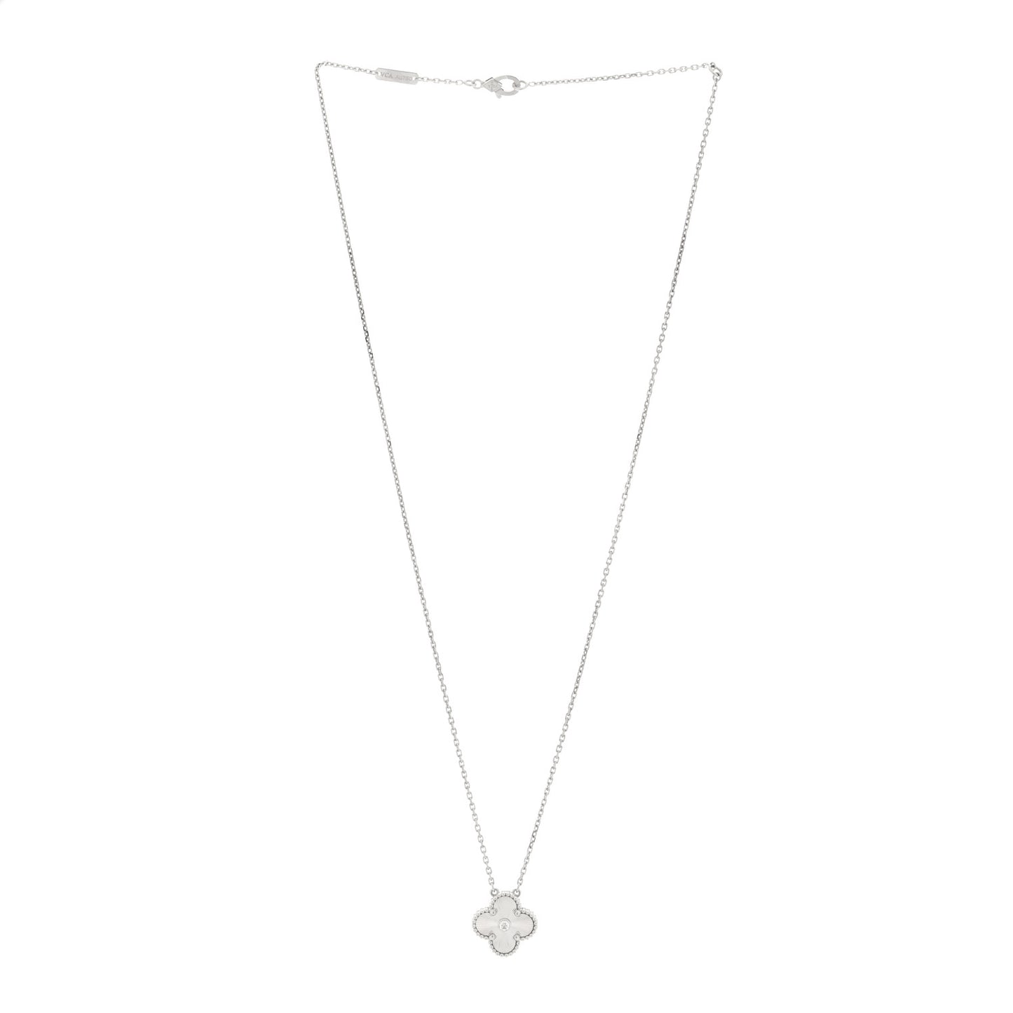 18K White Gold Diamond Guilloche Vintage Alhambra Pendant Necklace