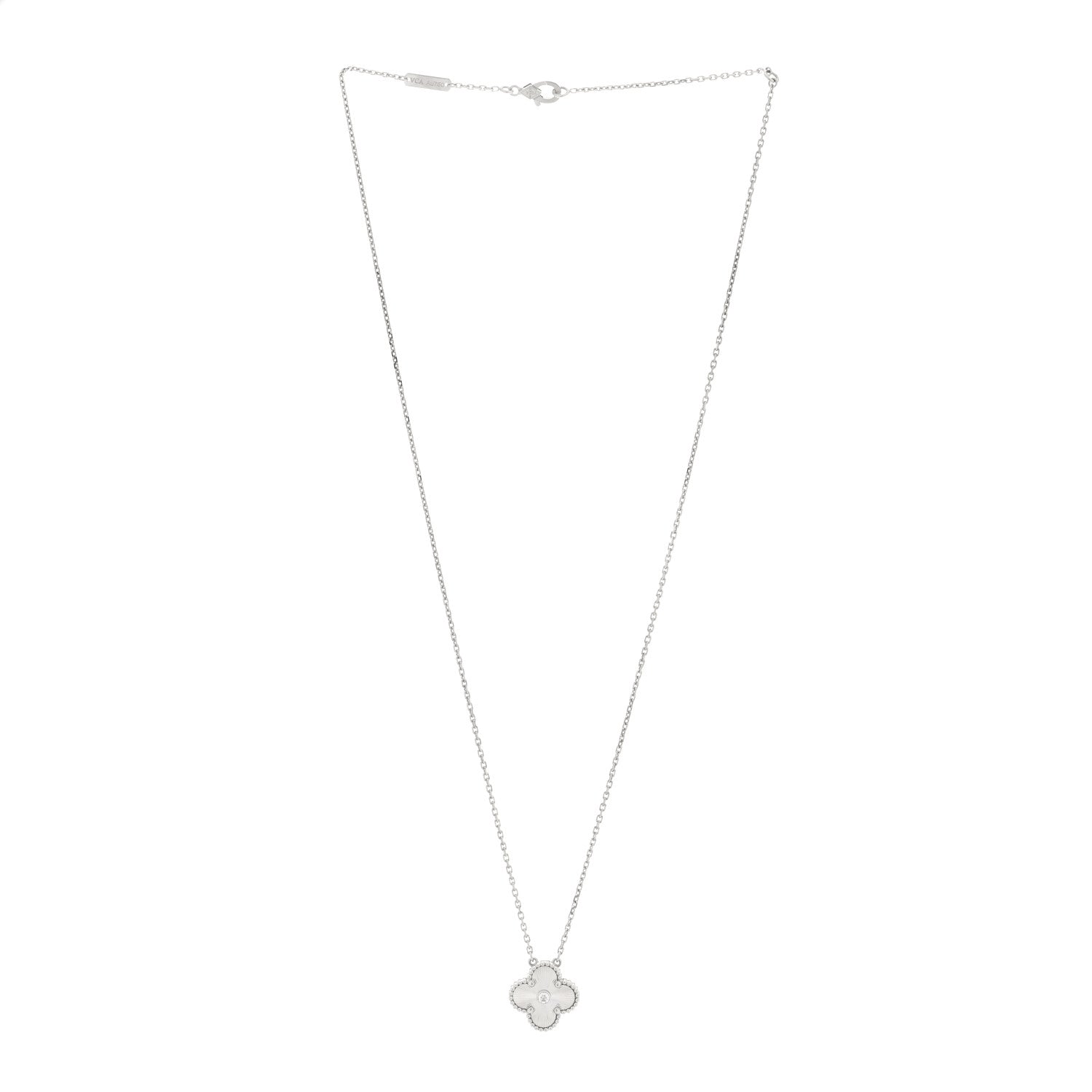 Van Cleef & Arpels 18K White Gold Diamond Guilloche Vintage Alhambra Pendant Necklace 3 of 5
