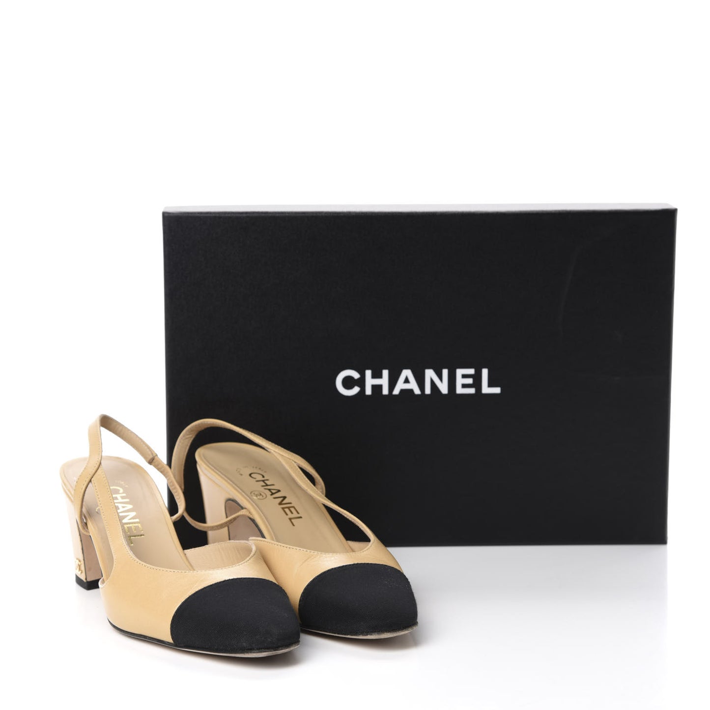 Goatskin Grosgrain Cap Toe CC Slingback Pumps 37 Beige Black