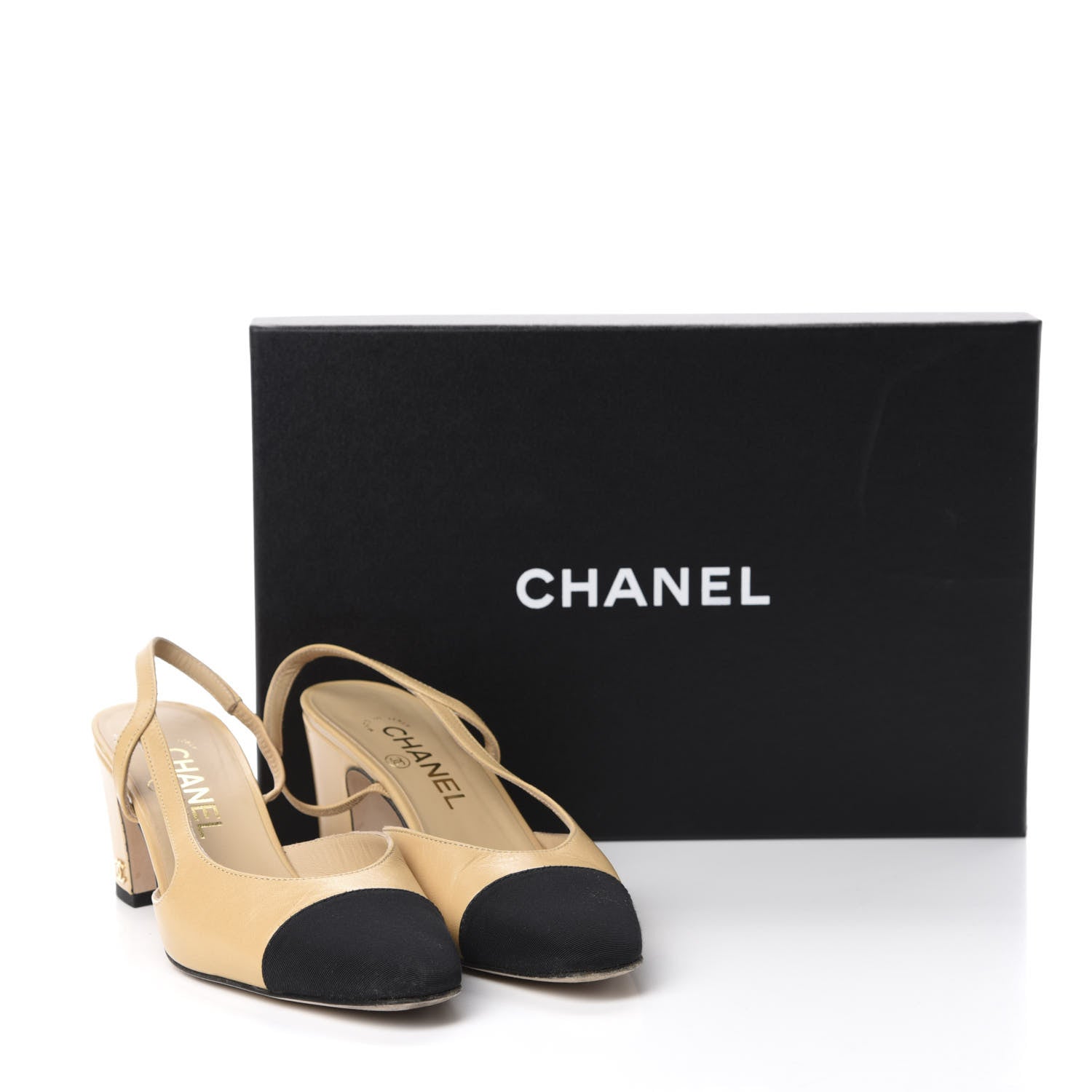 Chanel Goatskin Grosgrain Cap Toe CC Slingback Pumps 37 Beige Black 11 of 11