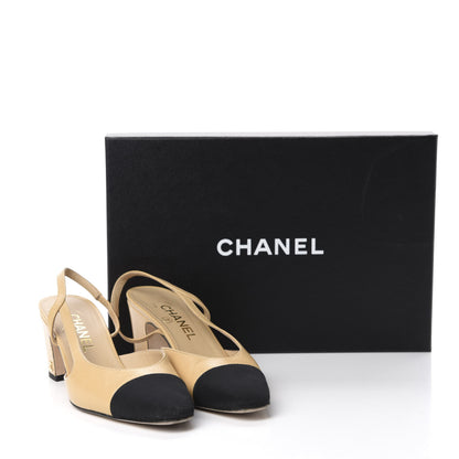 Chanel Goatskin Grosgrain Cap Toe CC Slingback Pumps 37 Beige Black 11 of 11