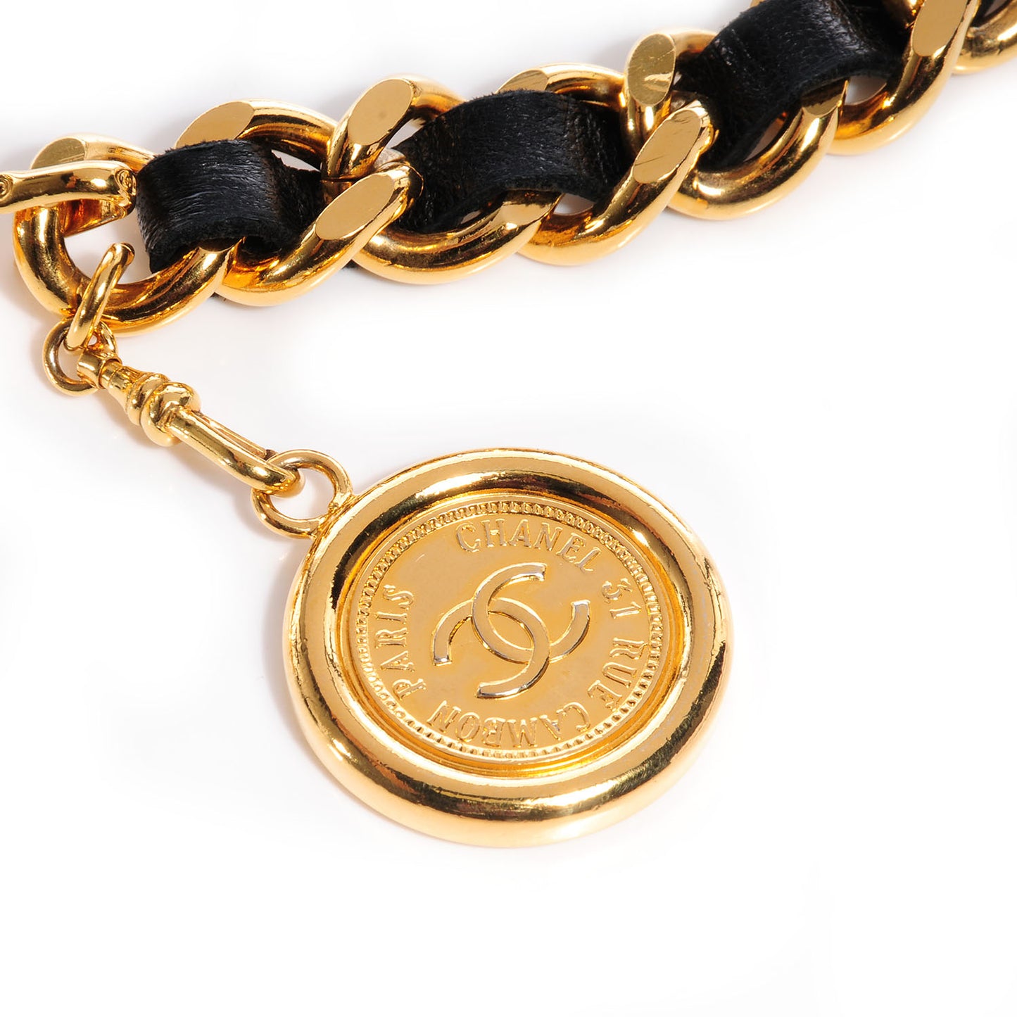 Leather Gold Chain Link 31 Rue Cambon Medallion Belt Black