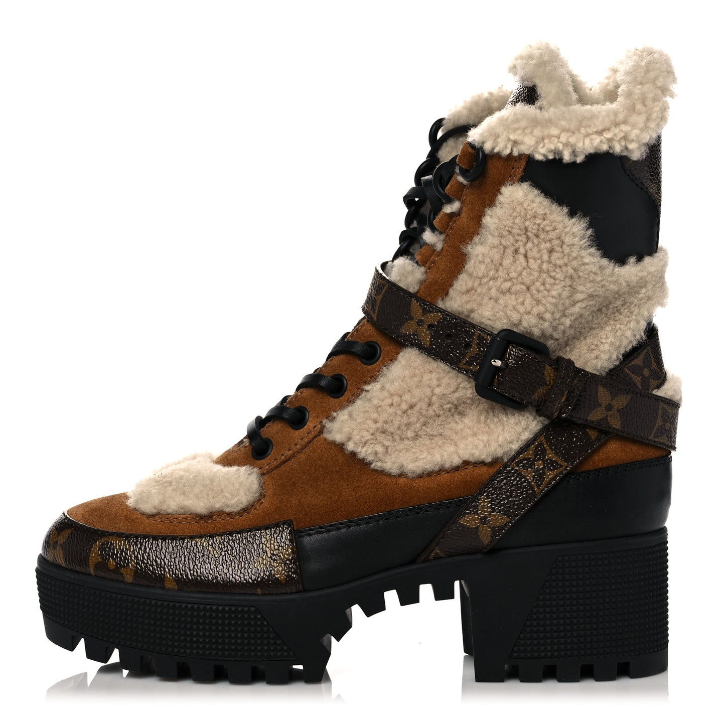 Suede Calfskin Shearling Monogram Laureate Platform Desert Boots 36 Cognac
