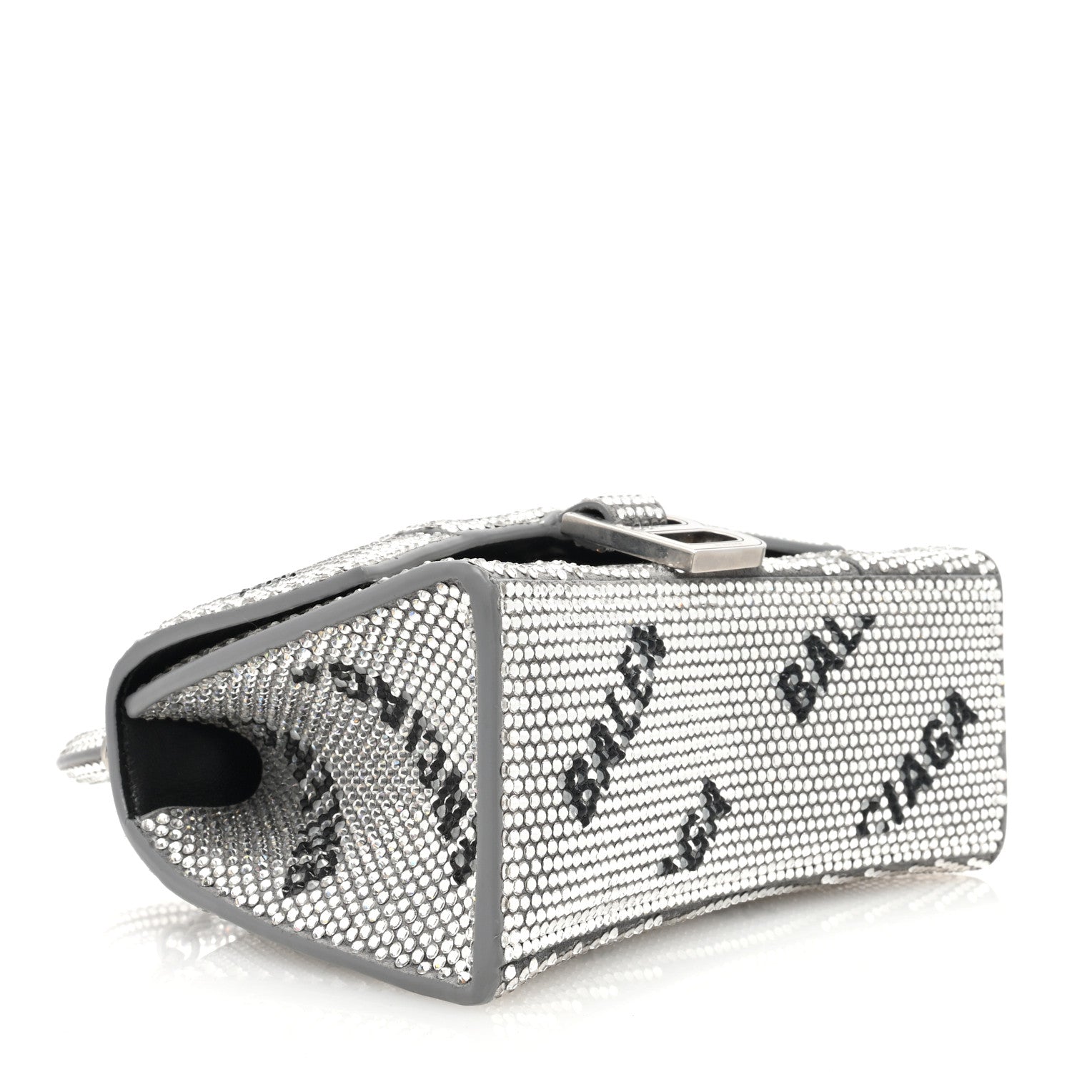 Balenciaga Strass Suede Allover Logo Hourglass Top Handle Bag XS with Chain Silver Black 4 of 9