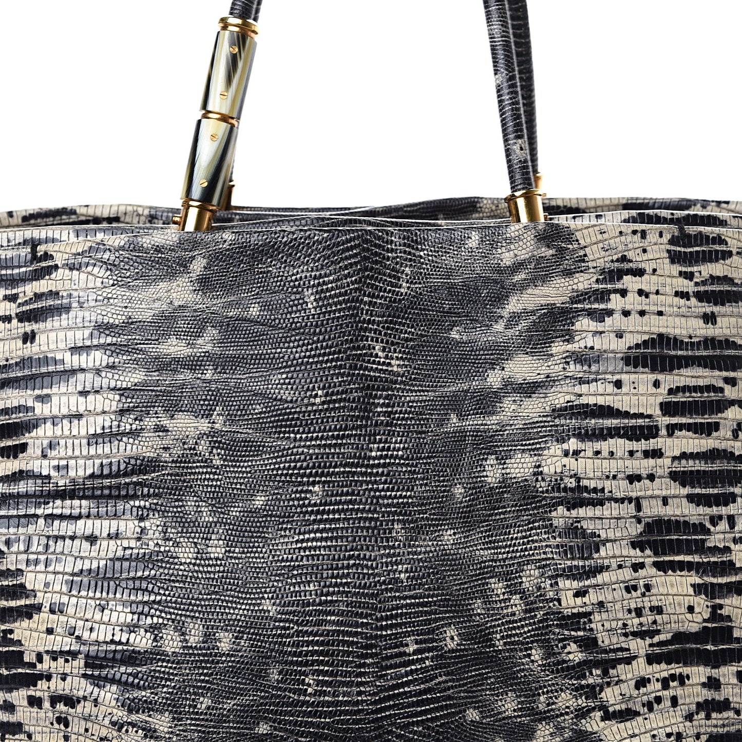 Lizard Effect Calfskin Moon River Tote Black White