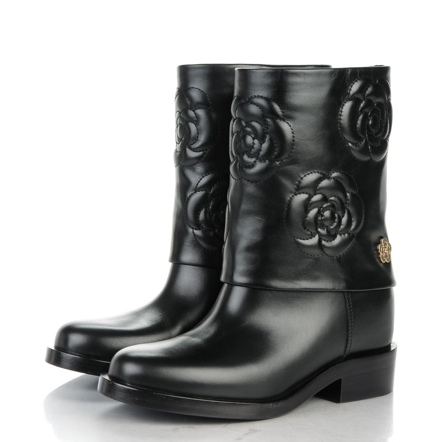 Calfskin Camellia Short Boots 36 Black