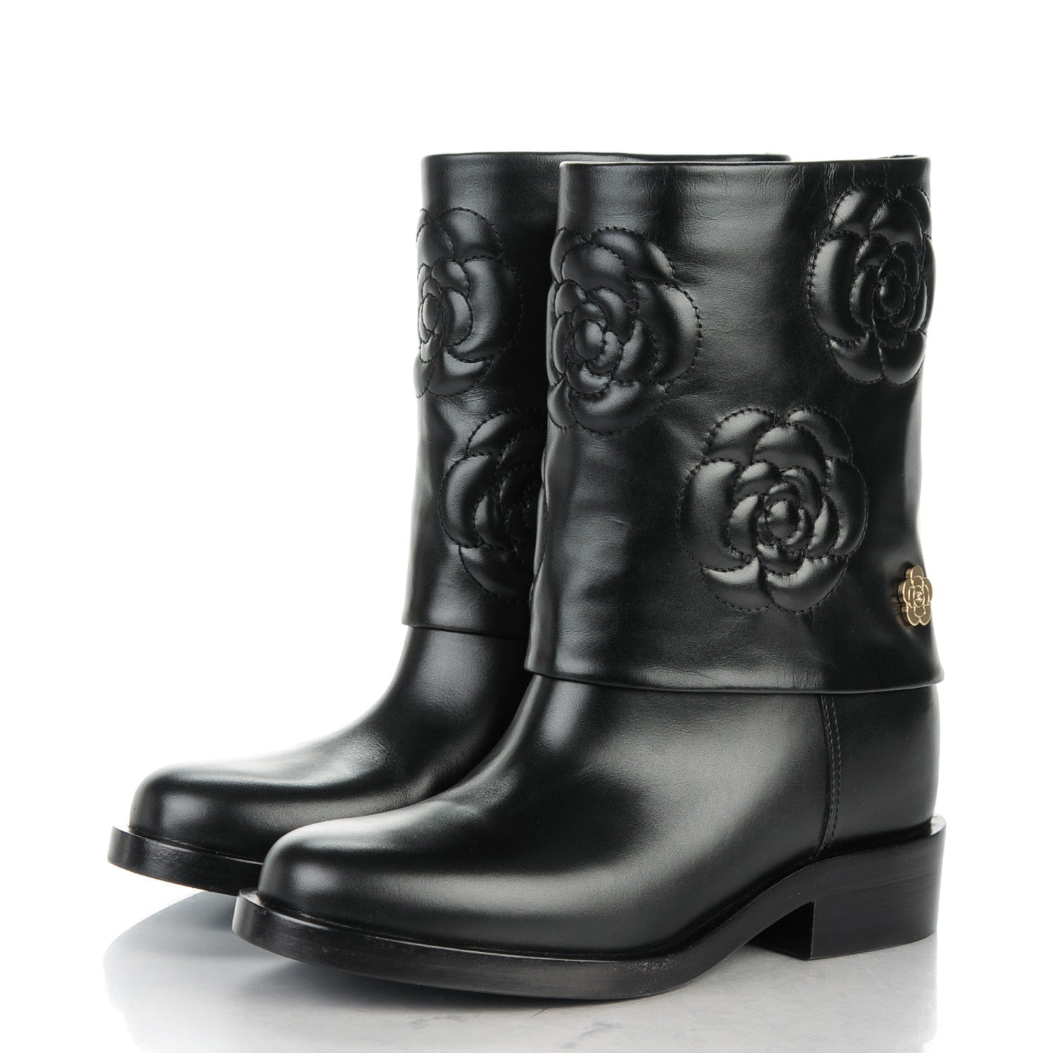 Chanel Calfskin Camellia Short Boots 36 Black 3 of 9
