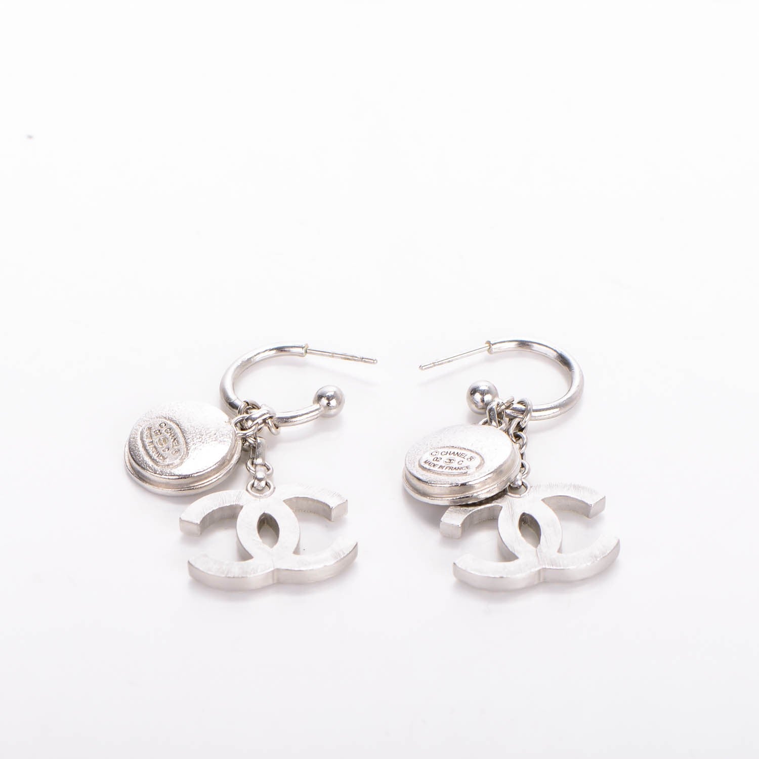 Chanel Crystal Medallion CC Dangle Earrings Silver Gold 3 of 5