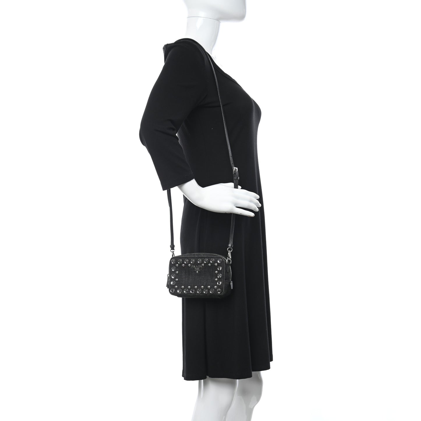 Denim Studded Embellished Mini Camera Crossbody Black