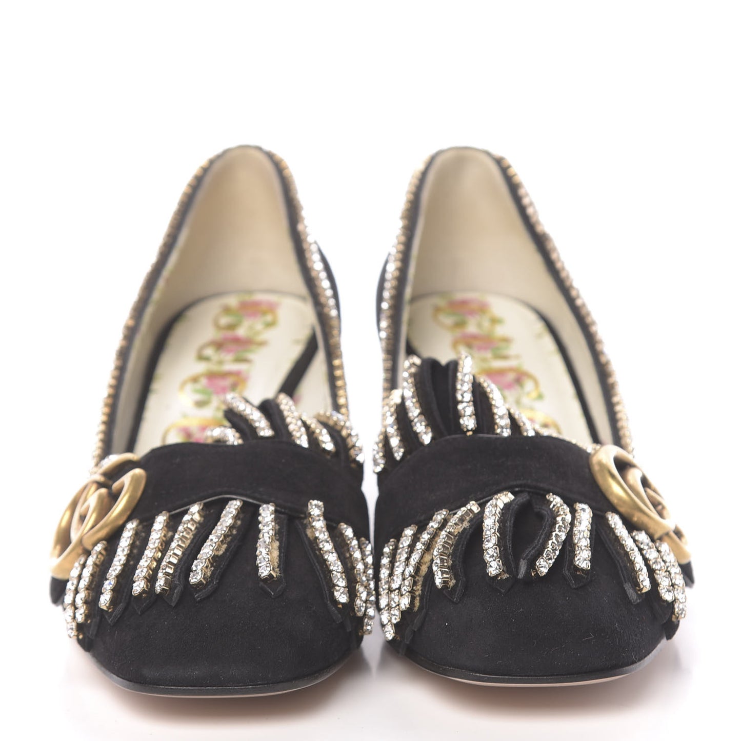 Kid Scamosciato Crystal GG Marmont Fringe 50mm Loafer Pumps 36 Black