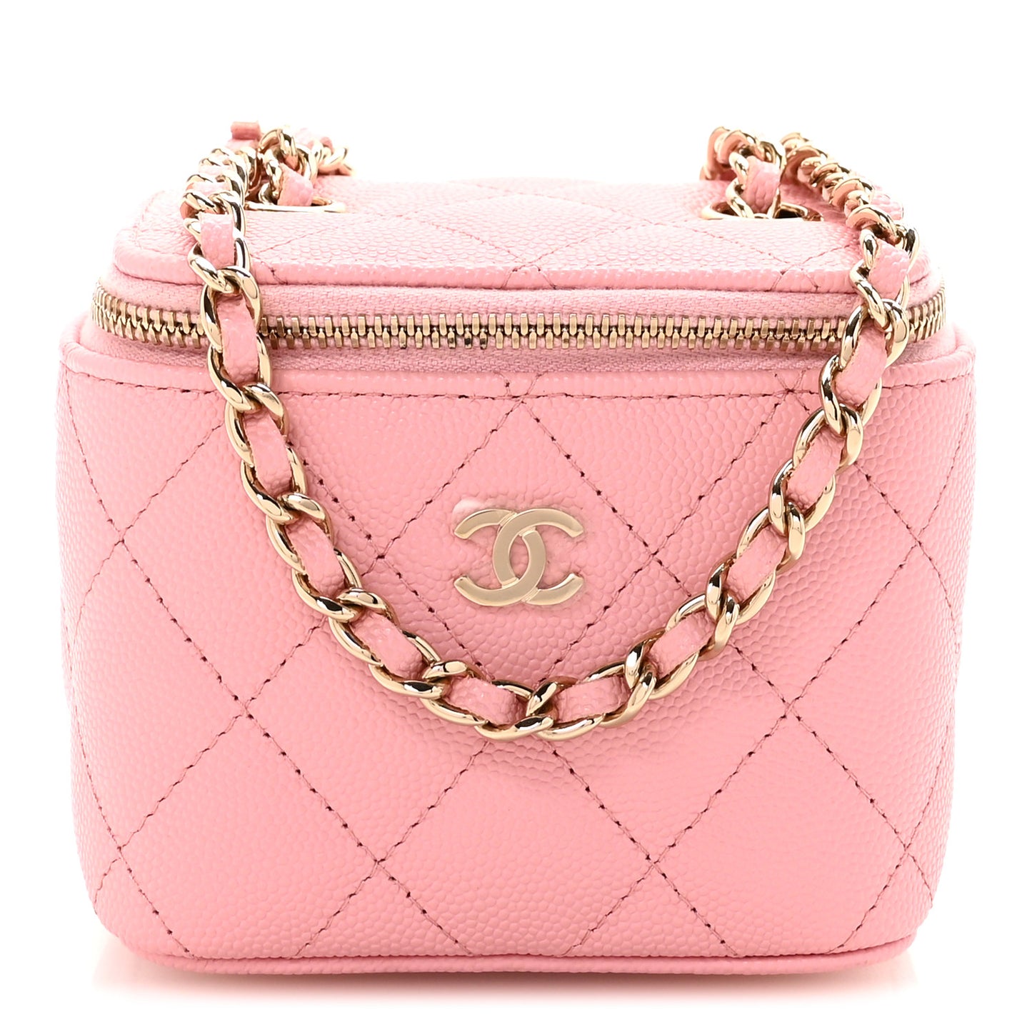 Caviar Quilted Mini Vanity Case With Chain Pink