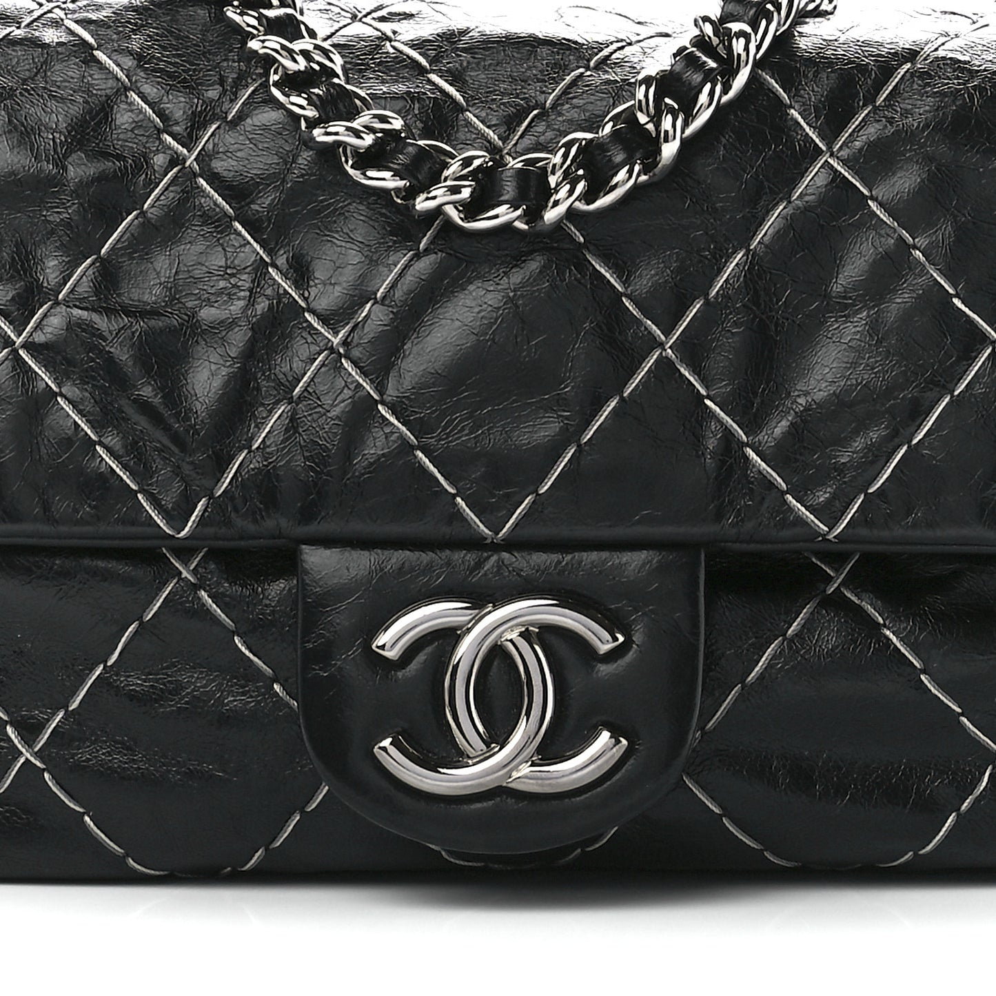 Glazed Goatskin Double Contrast Stitch Flap Black