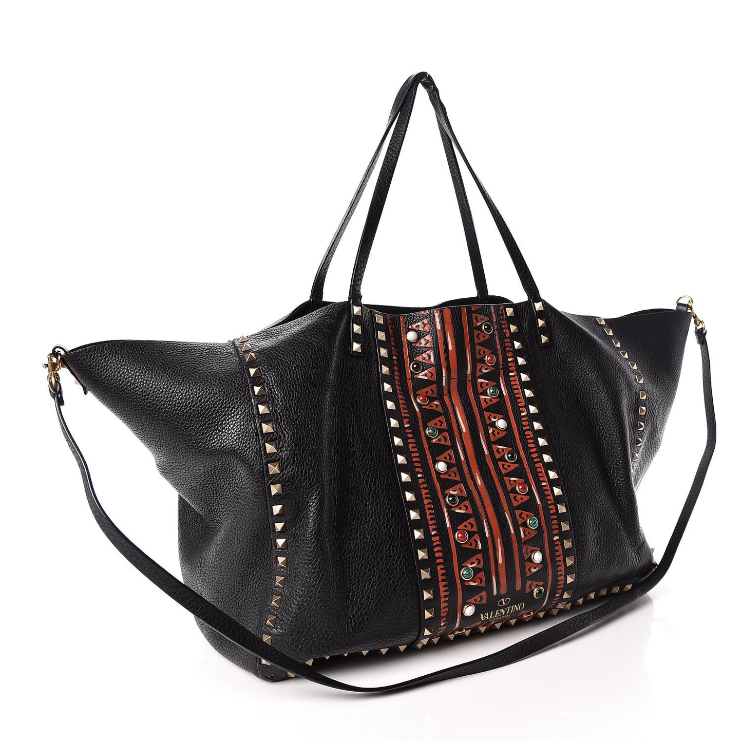 Grained Calfskin Tribal Large Rockstud Rolling Crossbody Tote Black