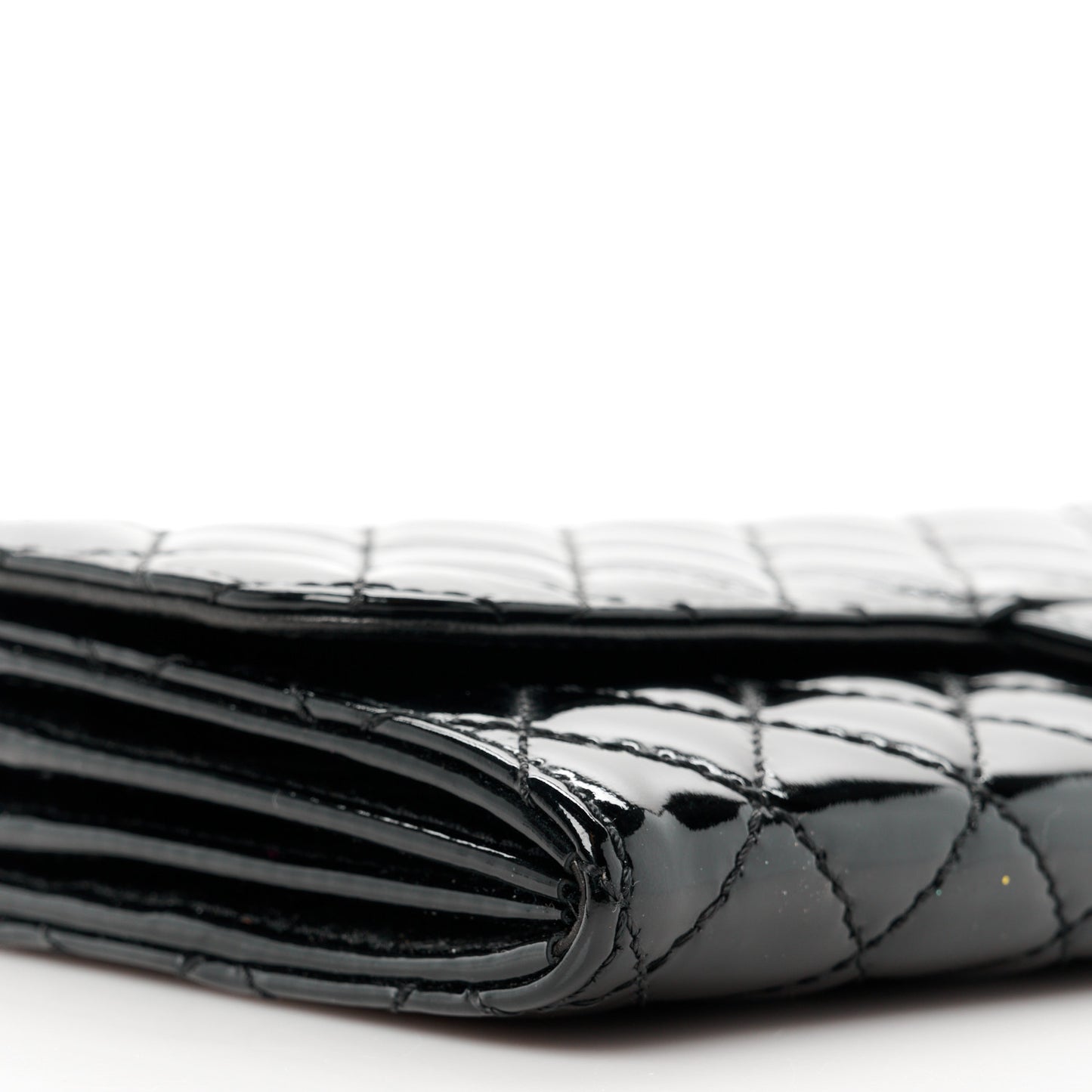 Patent Calfskin Quilted Flap Clutch With Chain Black