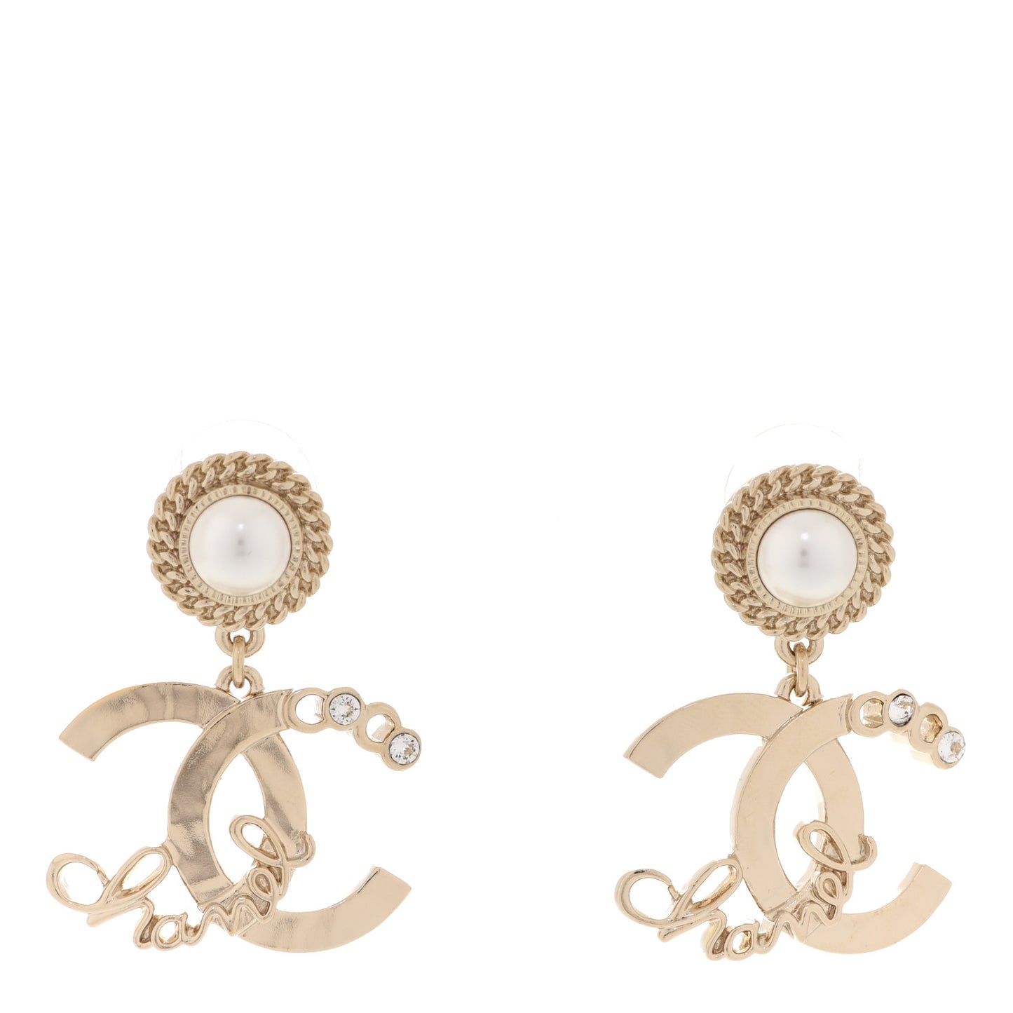 Metal Pearl Crystal Coco Script CC Drop Earrings Gold